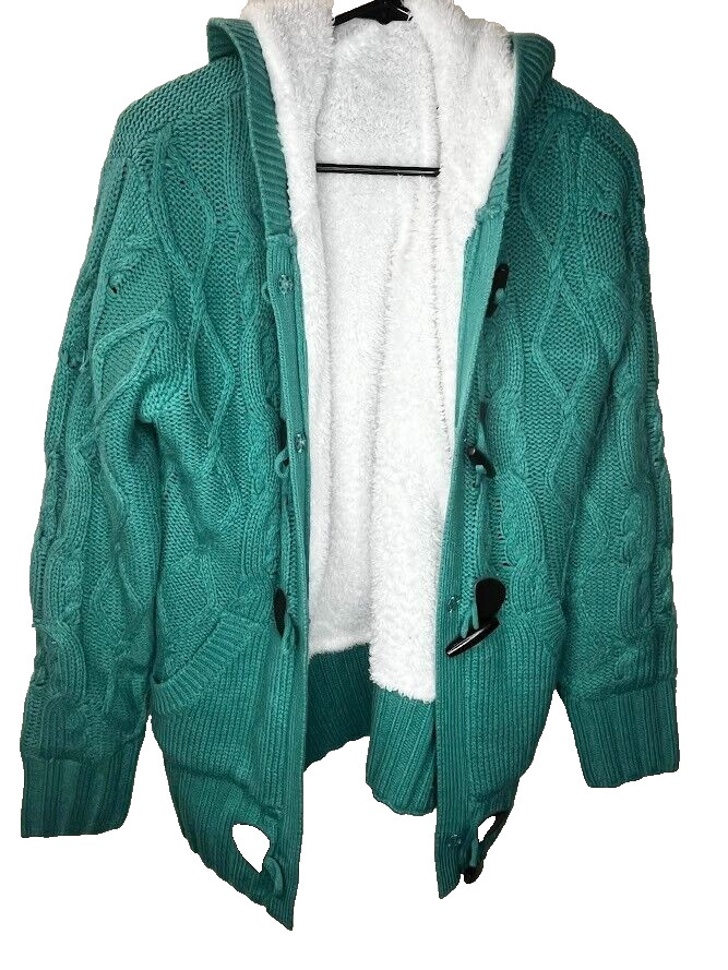 Hooded Cardigan Button Up Cable Knit Sweater Coat size Small Turquoise Sharpa