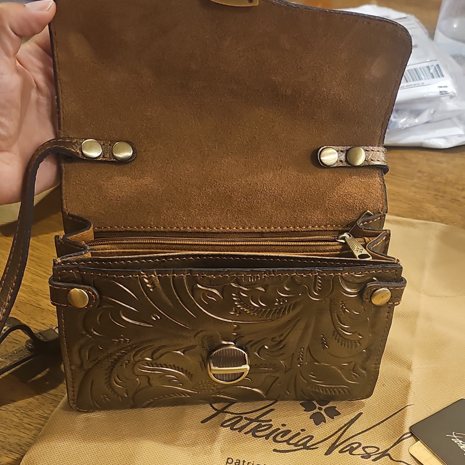 Patricia Nash Gold Floral Embossed Crossbody Bag Zip/Push Lock, Dust Bag