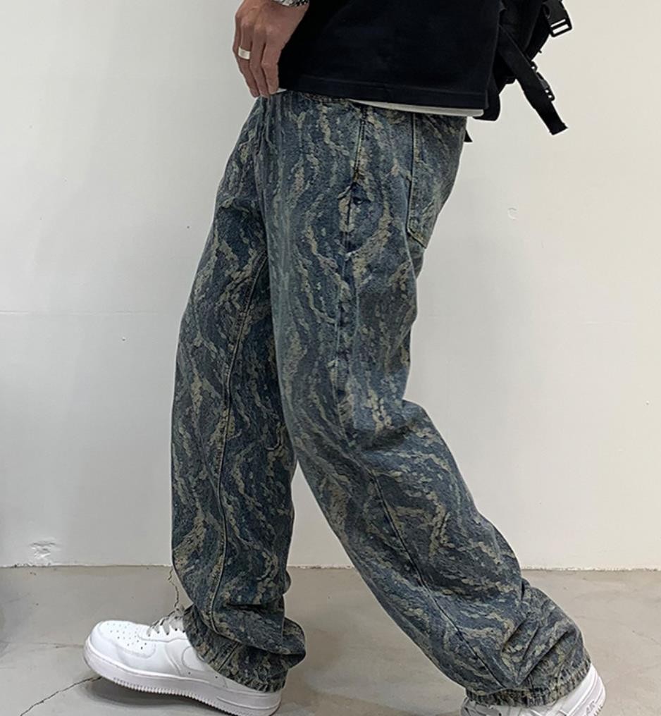 Men’s Blue Denim Jeans Straight Leg Casual Punk Hip Hop Pants Pockets Trousers