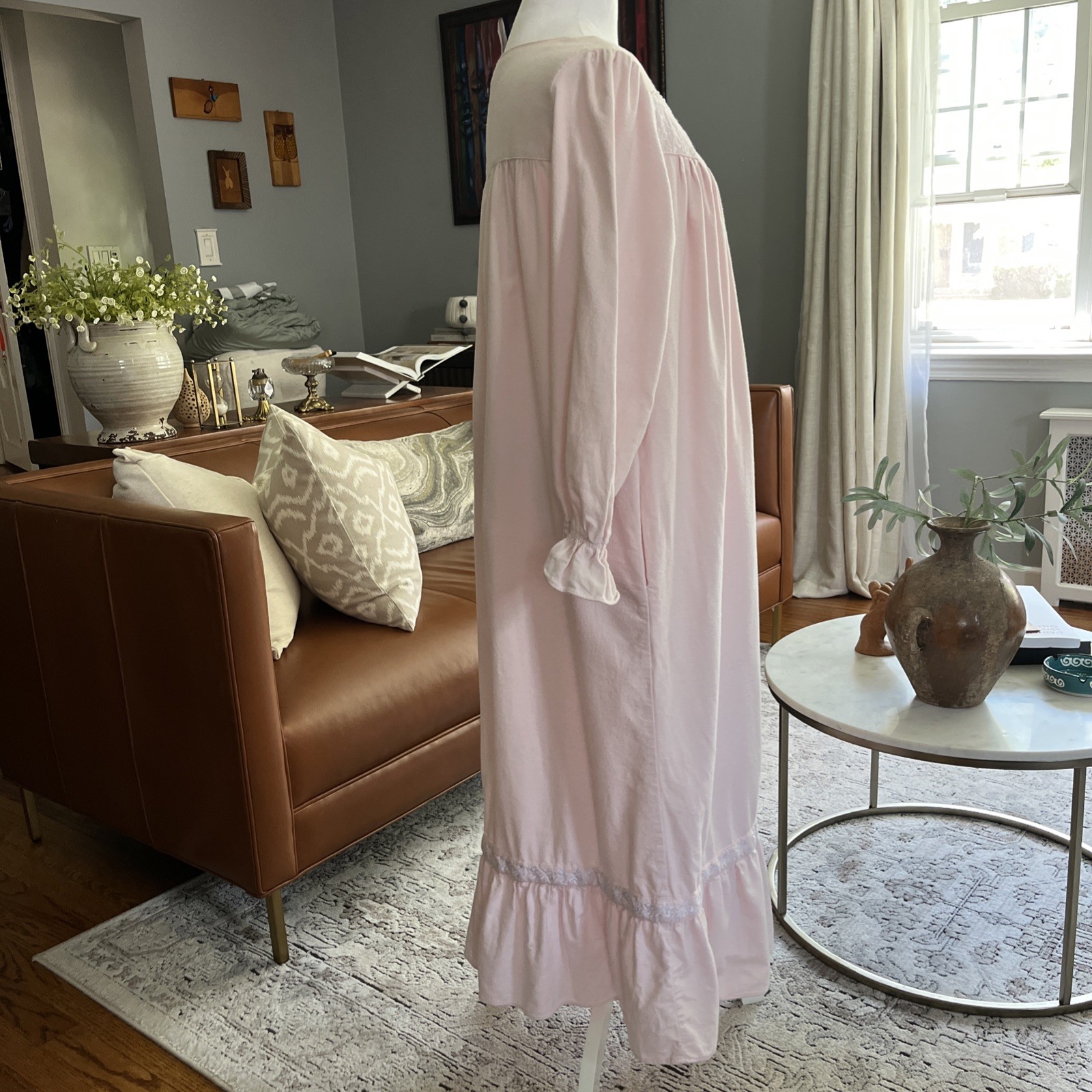 Eileen West Pink 100% Cotton Flannel Long Pink Ballet Nightgown Sz S Cottagecore