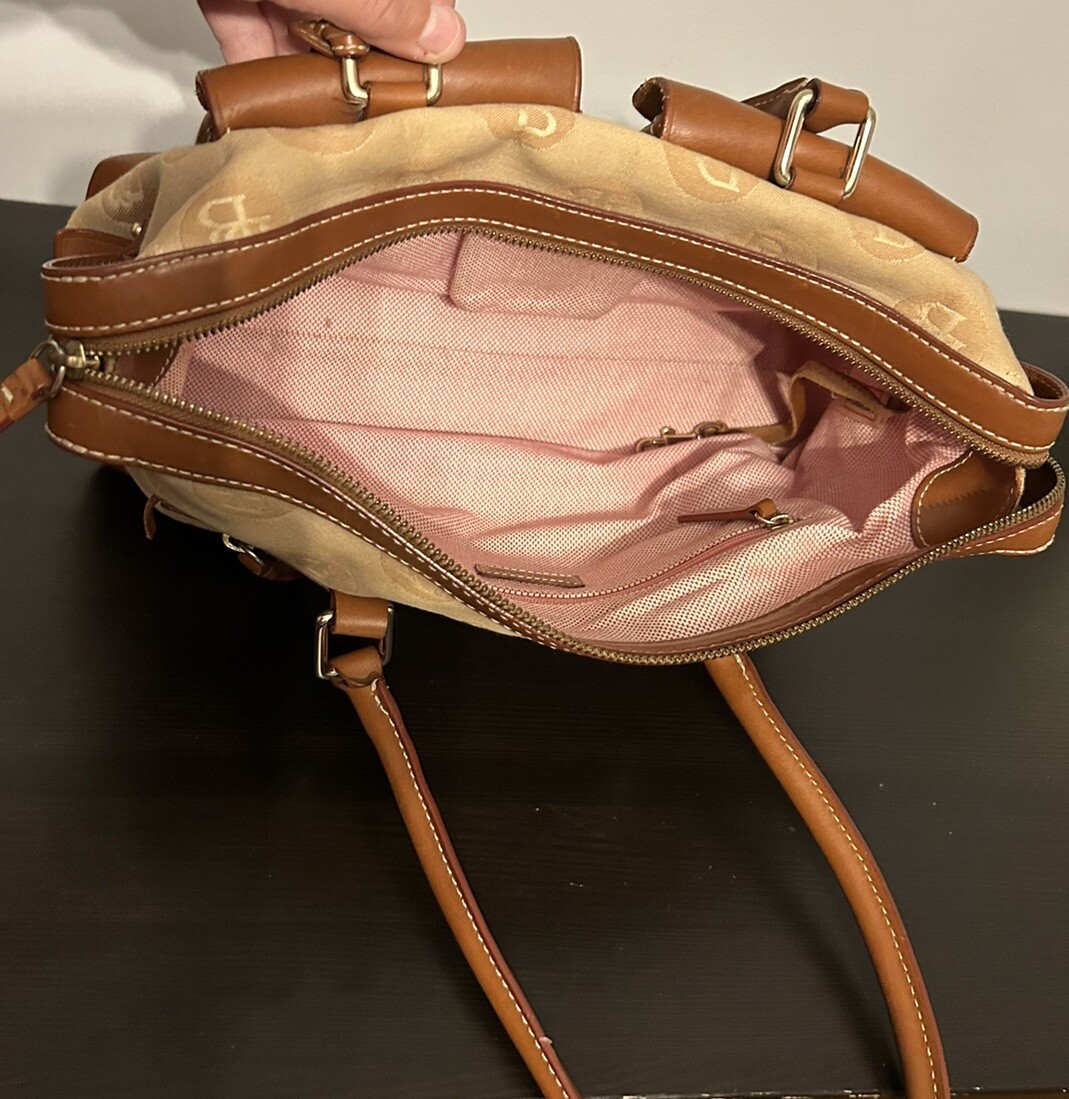Dooney Bourke Satchel Purse Tan Canvas Leather 2 Front Lock Double Pocket