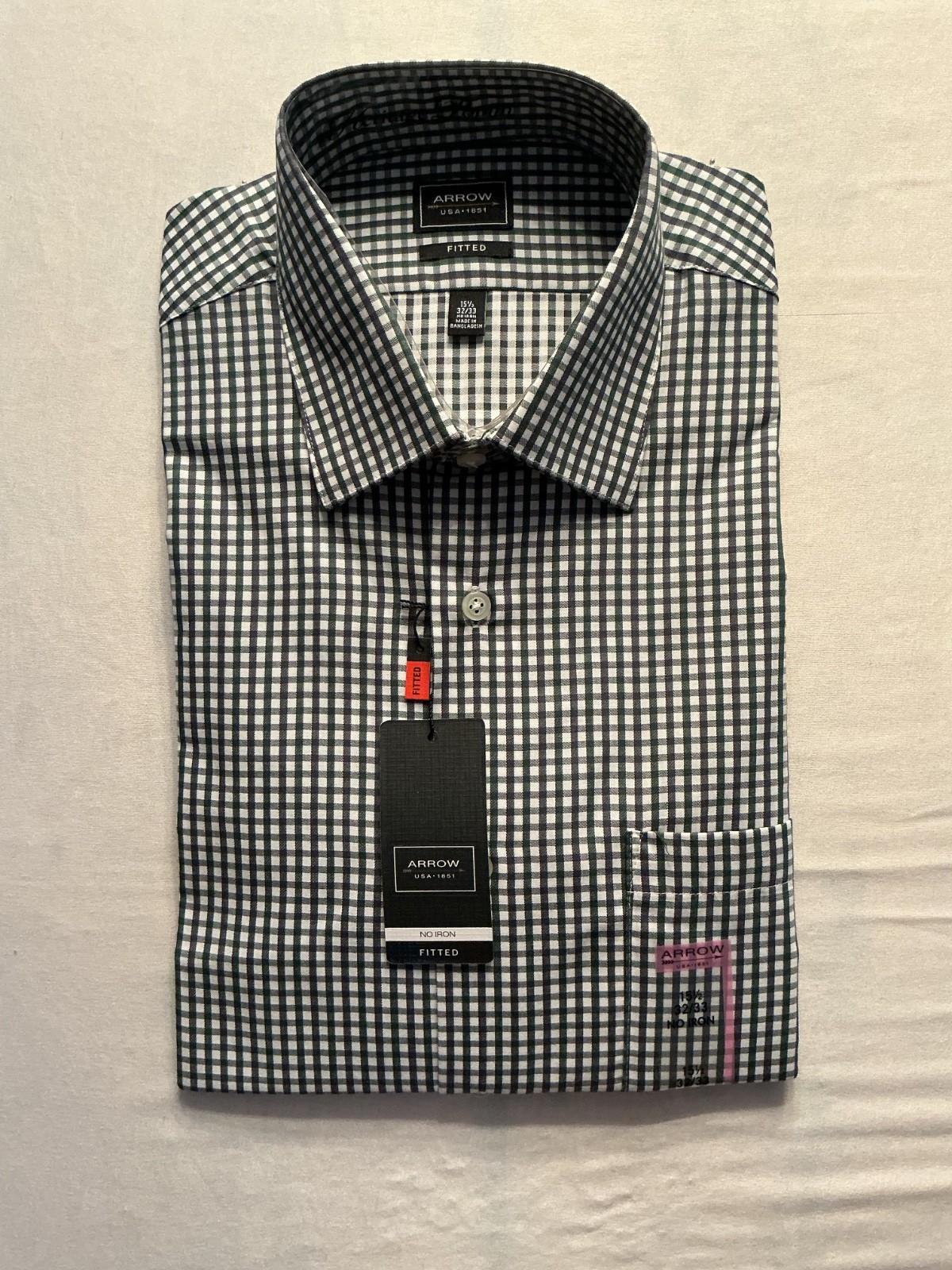 Men’s Arrow Heritage Poplin Fitted Dress Shirt 15 1/2 x 32/33 Green Checks