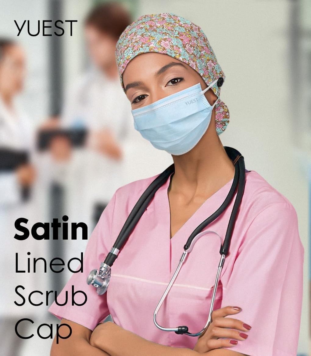 6 Floral Cotton & Satin Lined Scrub Caps for Women – Perfect for All Occasions