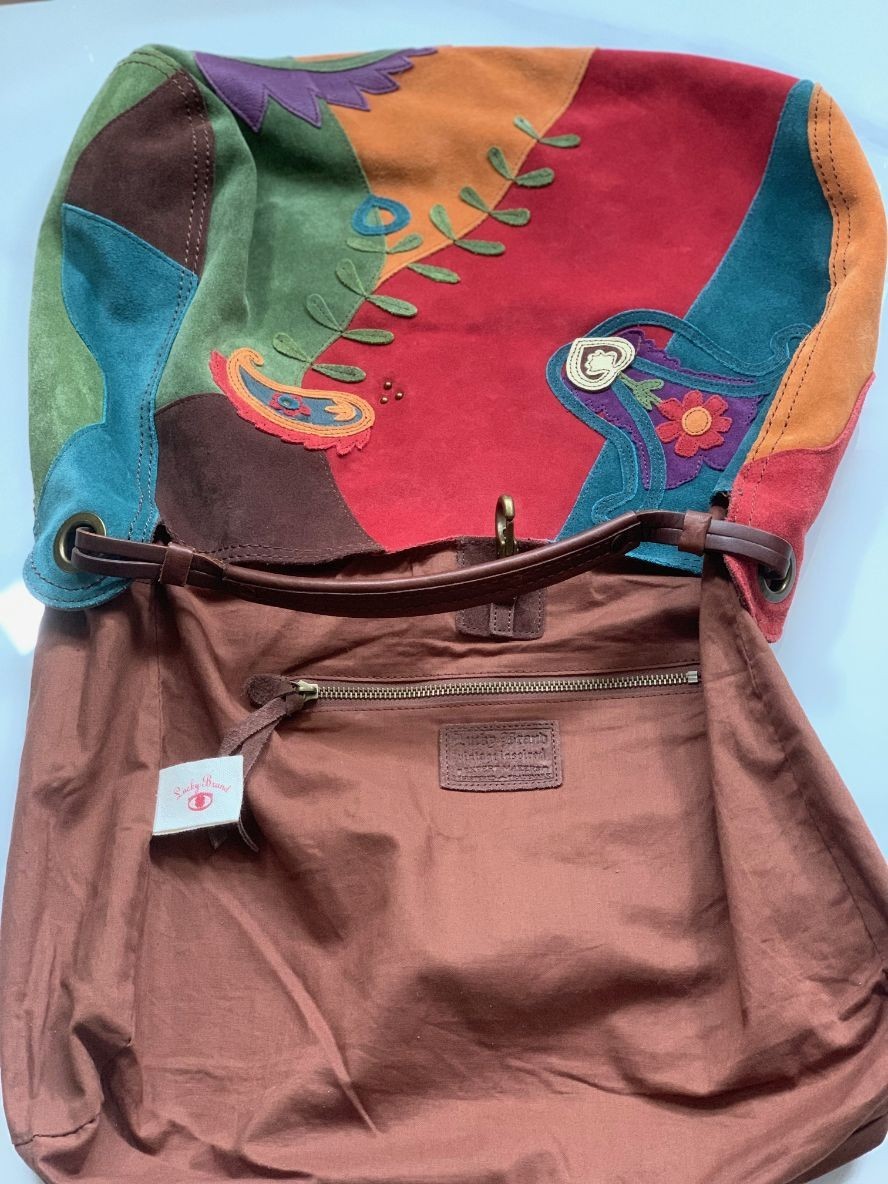 LUCKY BRAND LEATHER SUEDE BOHO SHOULDER BAG HIPPIE HANDBAG PATCH WORK FLOWERS