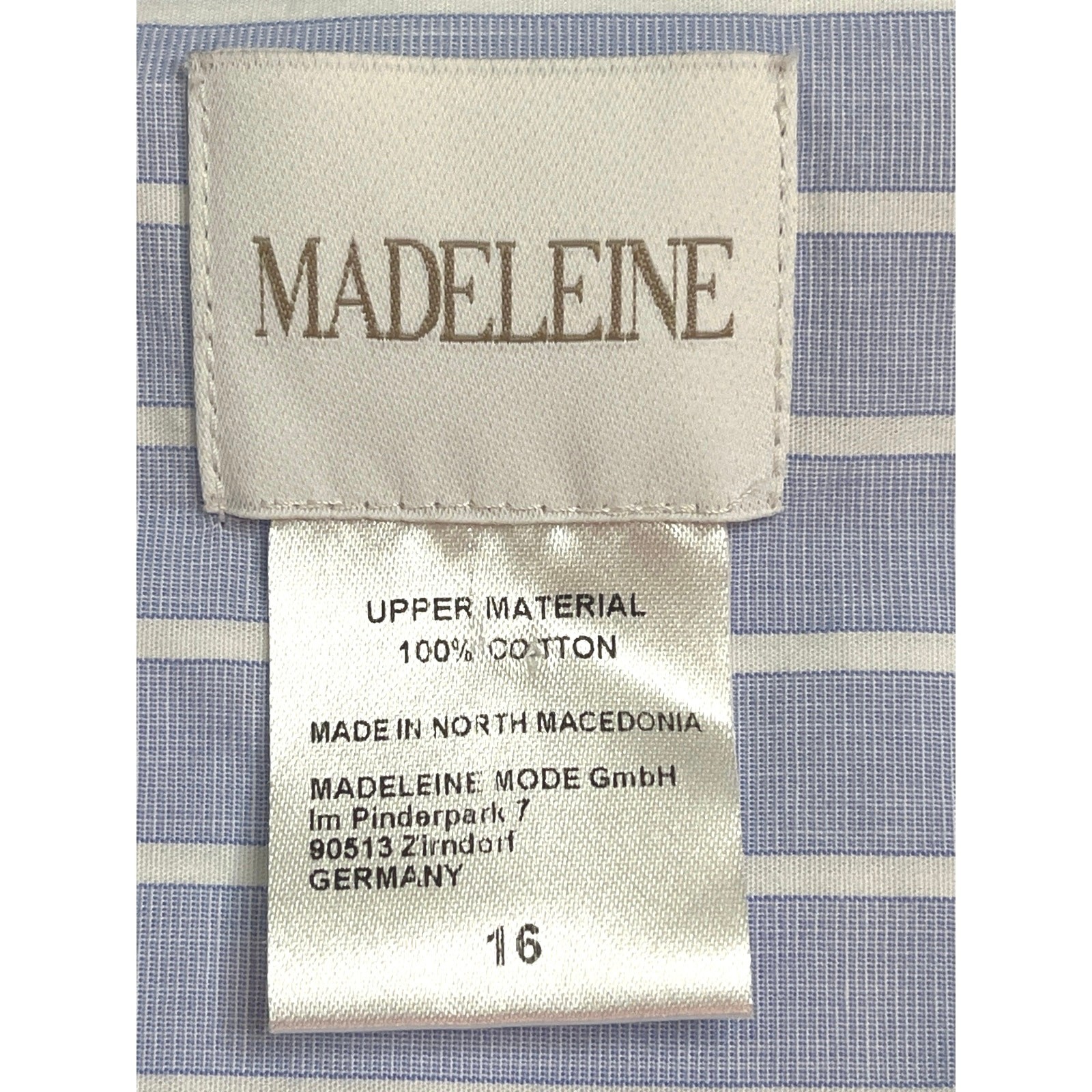 MADELEINE Mode GmbH Blue & White Striped Button Up 3/4 Sleeve Shirt | Size 16