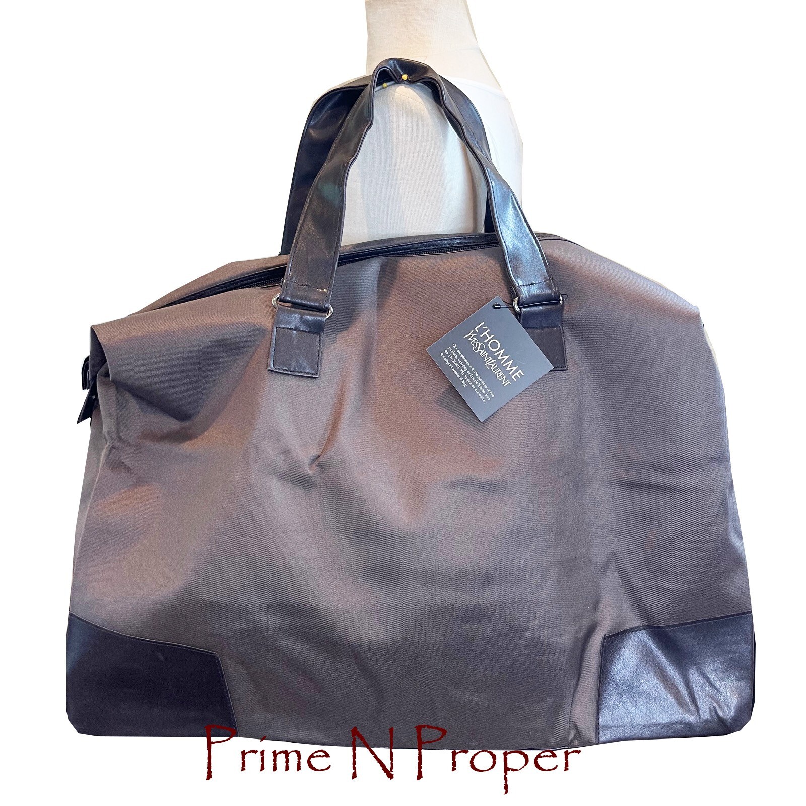 YSL Parfums Brown Nylon Canvas Tote Bag W/ Faux Leather Trim