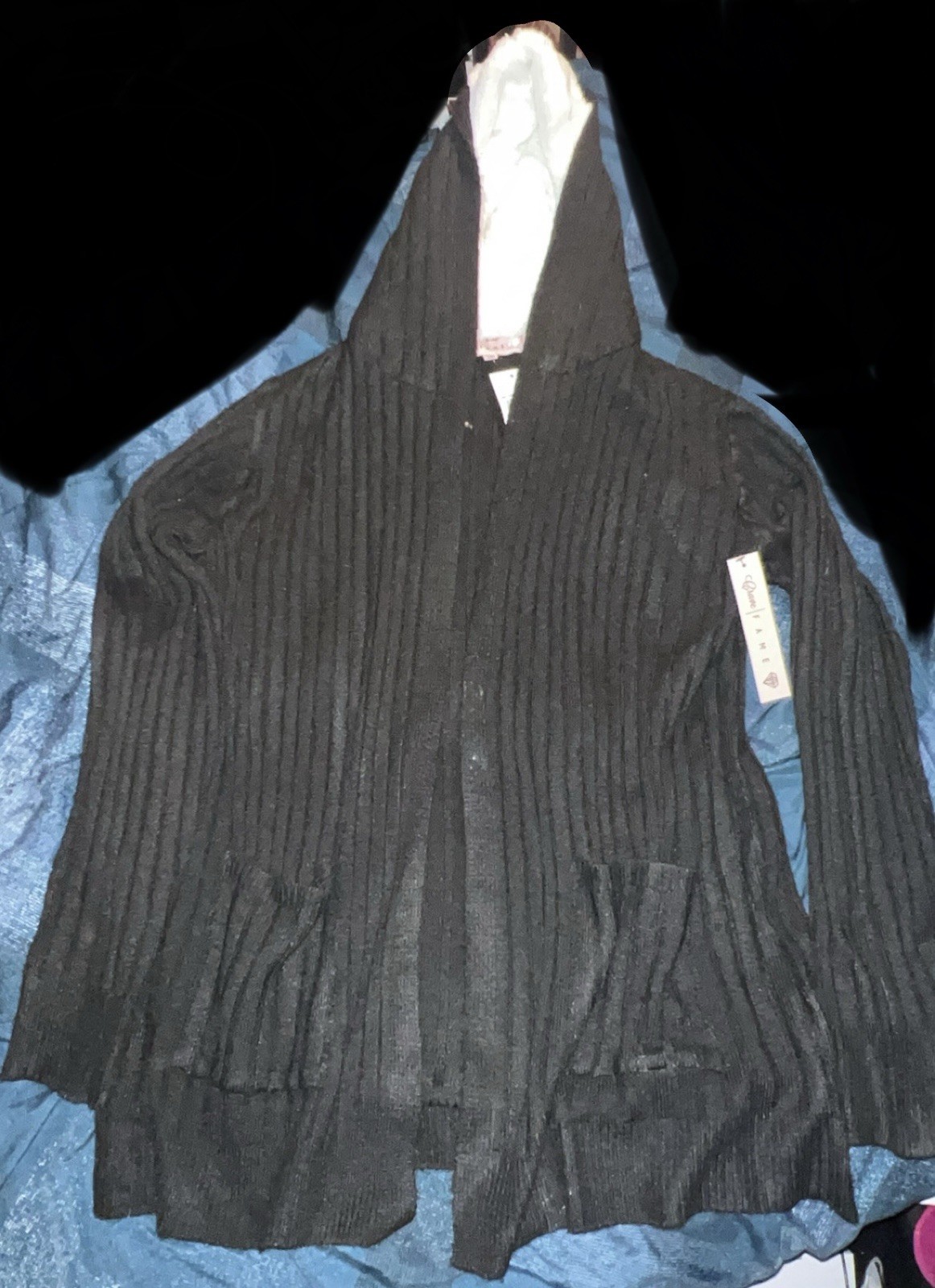 Glamor Fame Women’s XL Black Rib-Knit Hooded Open Front Pocket Cardigan Sweater
