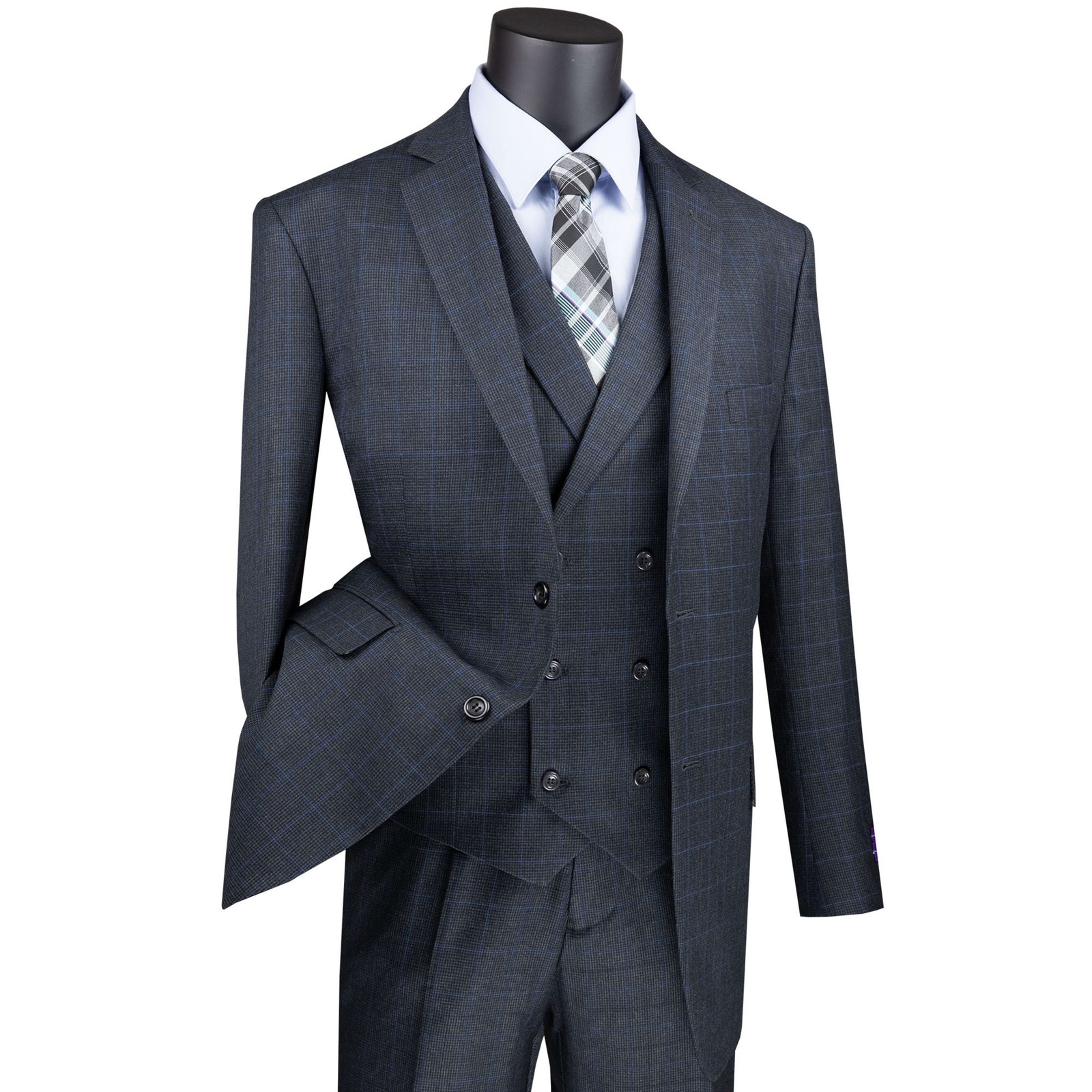 VINCI Men’s Charcoal Gray Glen Plaid 3 Piece 2 Button Classic Fit Suit NEW