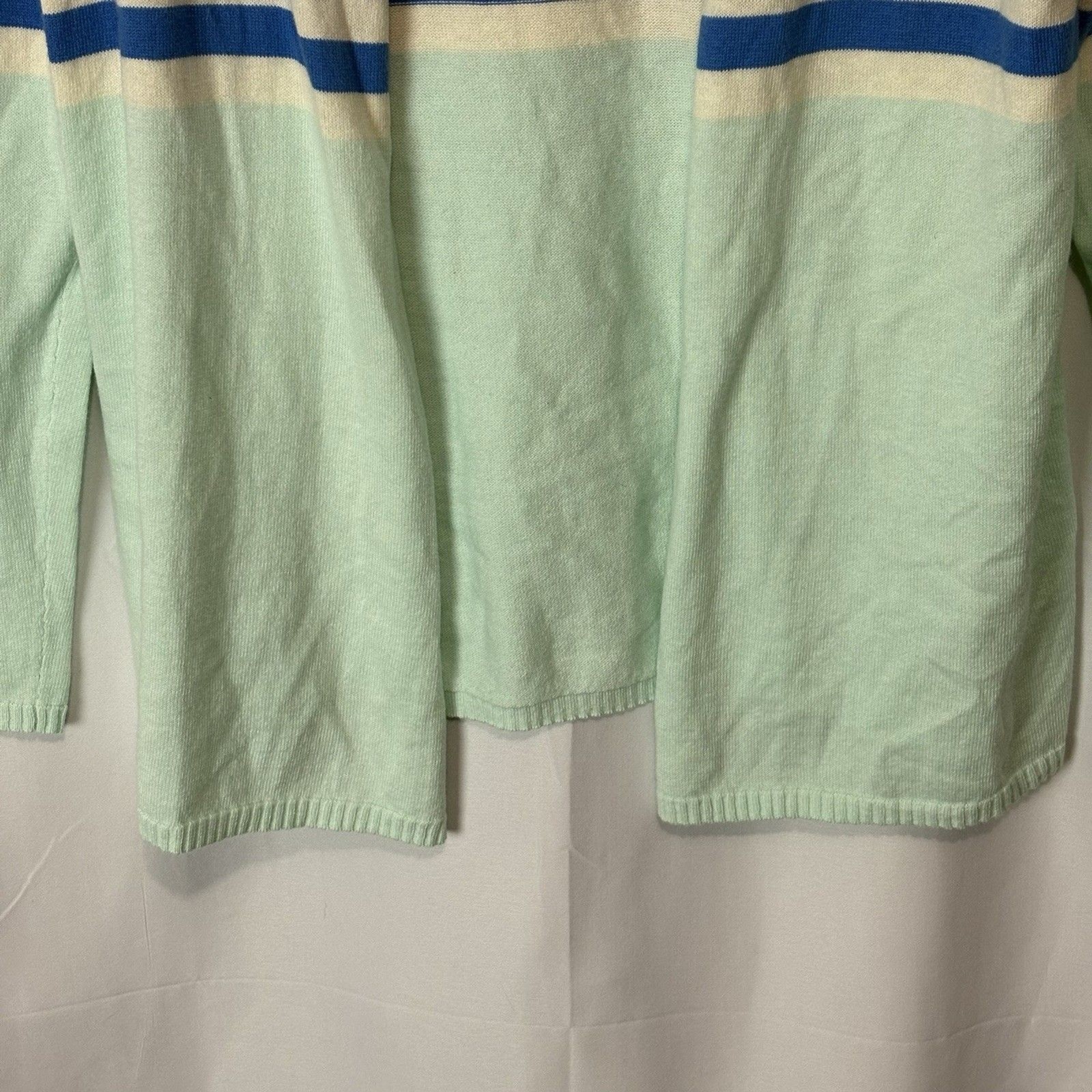TALBOTS Cardigan Sweater Blue Green White Mint Striped Open Front Small Soft