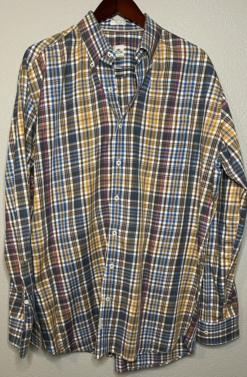Mens Peter Millar Long Sleeve Plaid Button Down Dress Shirt Sz XL Brown Blue Tan