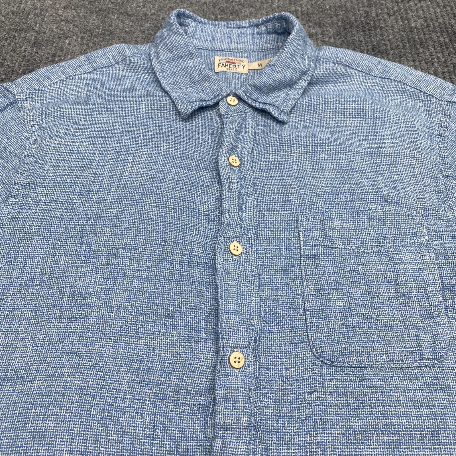 Faherty Shirt Mens Medium Blue Laguna Linen Short Sleeve Button Up Beach Casual