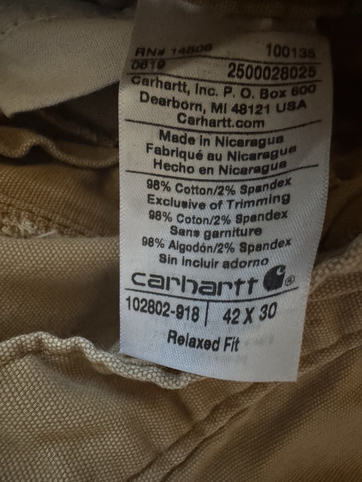 Carhartt 102802 Relaxed Fit Utility Work Pants 42×30 Canvas Stretch Carpenter