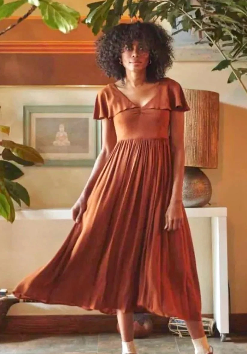 Christy Dawn The Monarch Brown Flutter Shoulder Dress Sz XS