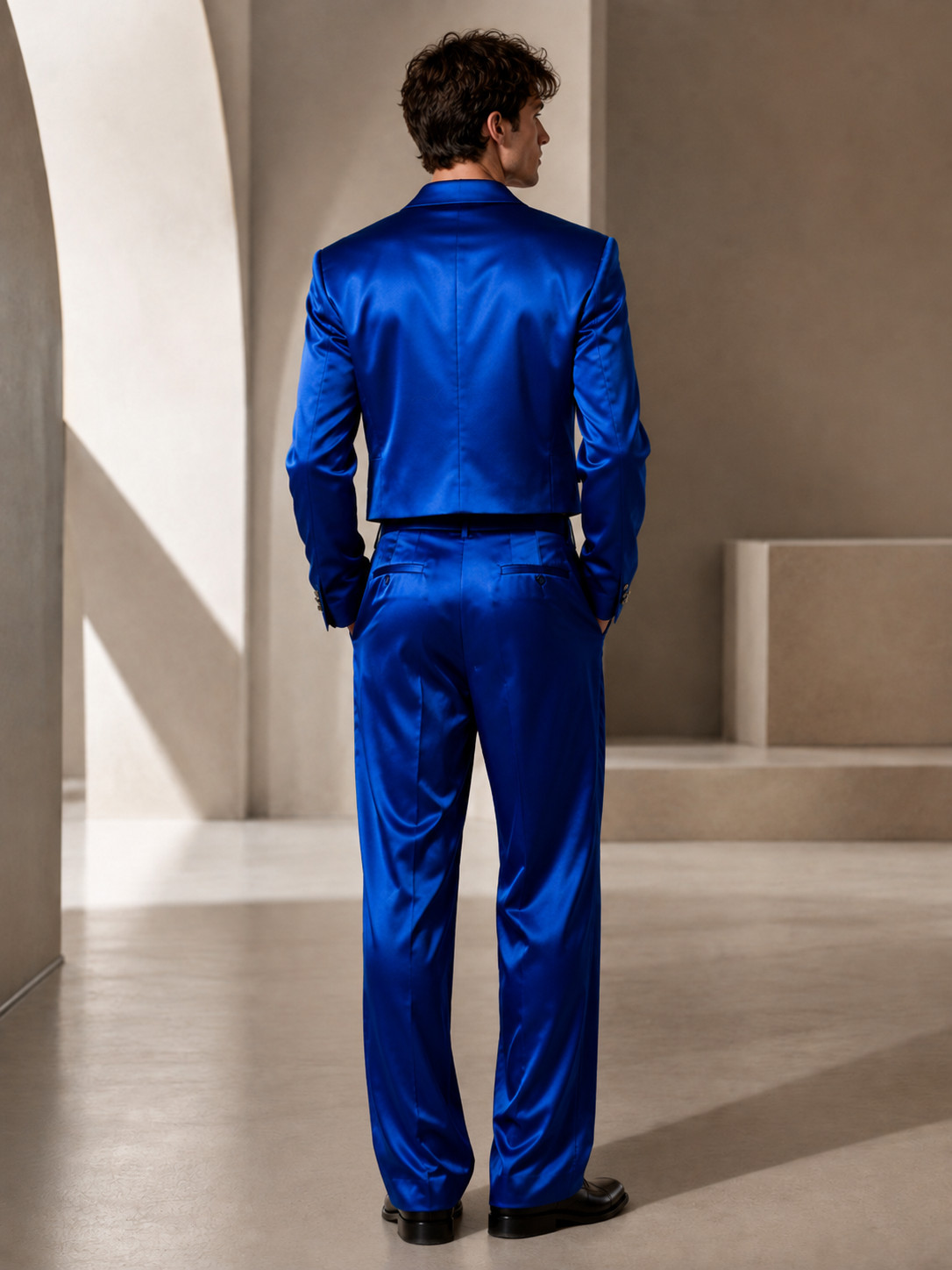 Mens Cobalt Blue Satin 2 Piece Suit Cropped Jacket Wide Leg Pants Wedding Prom