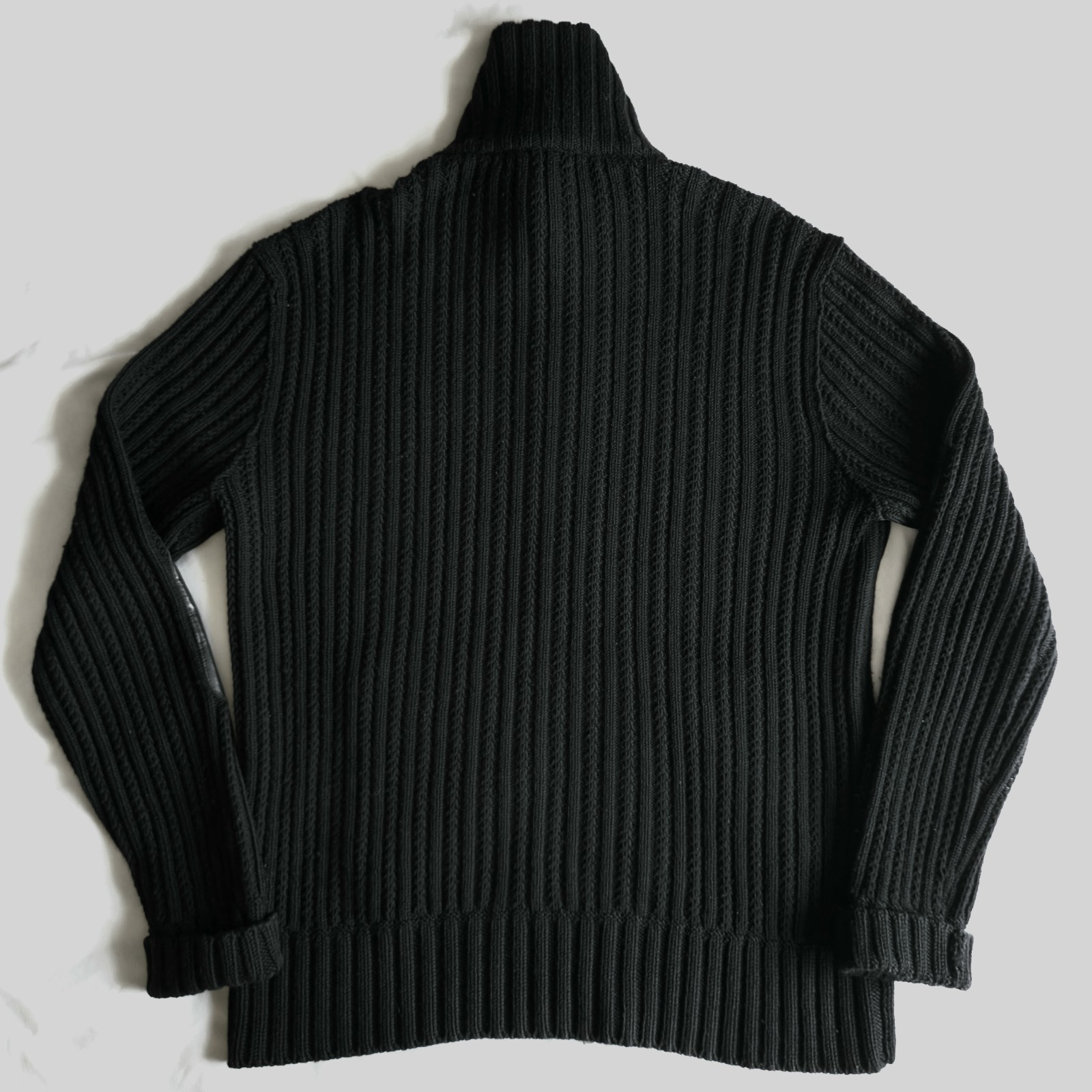 John Varvatos Mens L Black Merino Wool Lamb Leather Elbow Patches Zip-Up Sweater