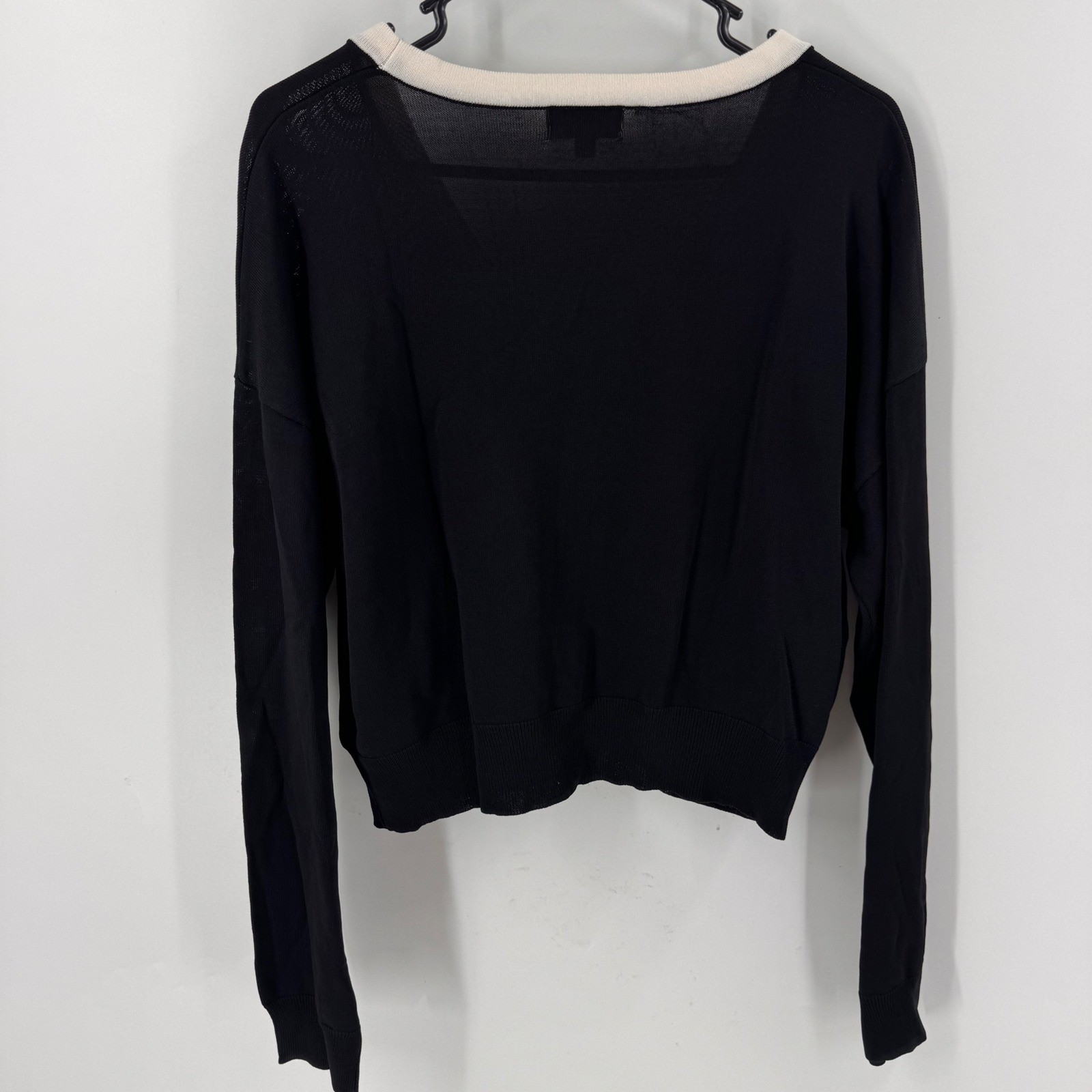 Elan Womens Black Ivory Contrast Trim V-Neck Button Cardigan Sweater Medium