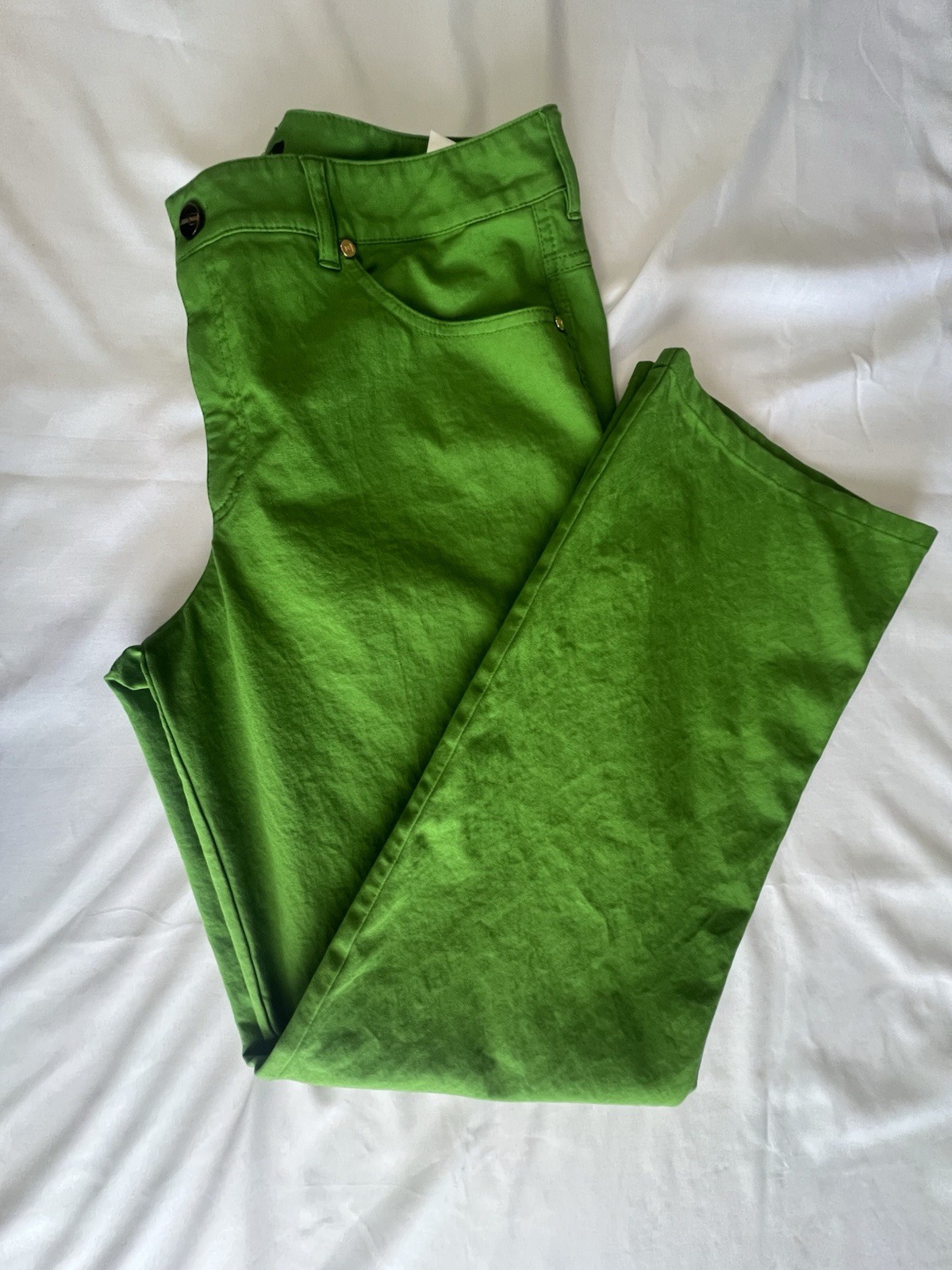 ESCADA Lime Green Trousers Pants Sz 44 US 14 NWOT Luxury Gold Button Bold Modern