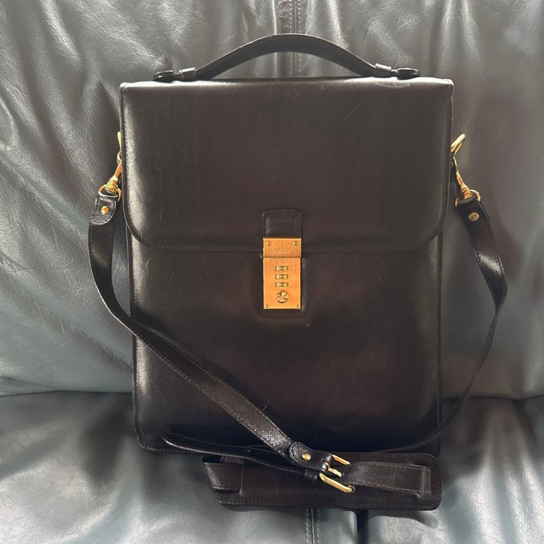 BALLY Black Leather 2Way Business Bag Dial Lock Shoulder Auth