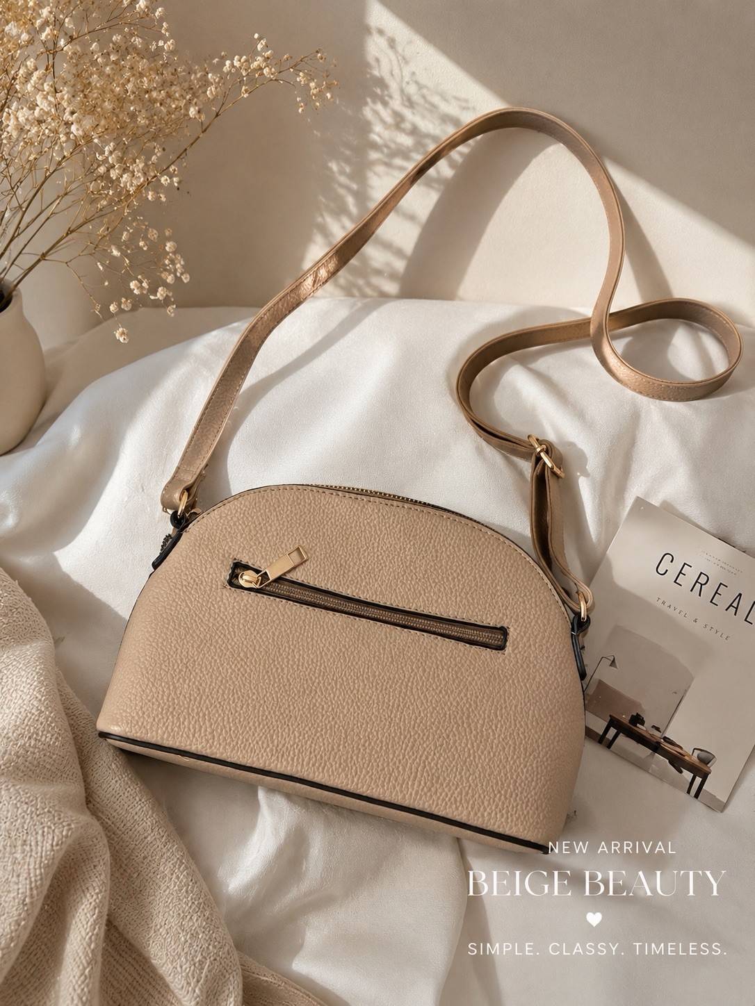 Women’s Beige Half Moon Crossbody Bag, Gold Hardware, Zip Closure, Solid