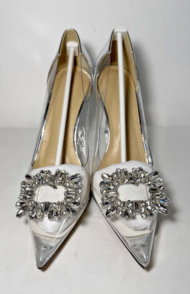 LING MEI 9cm High Heel Pointy Toe Crystal Buckle Clear Silver Women’s EU 38/US 8