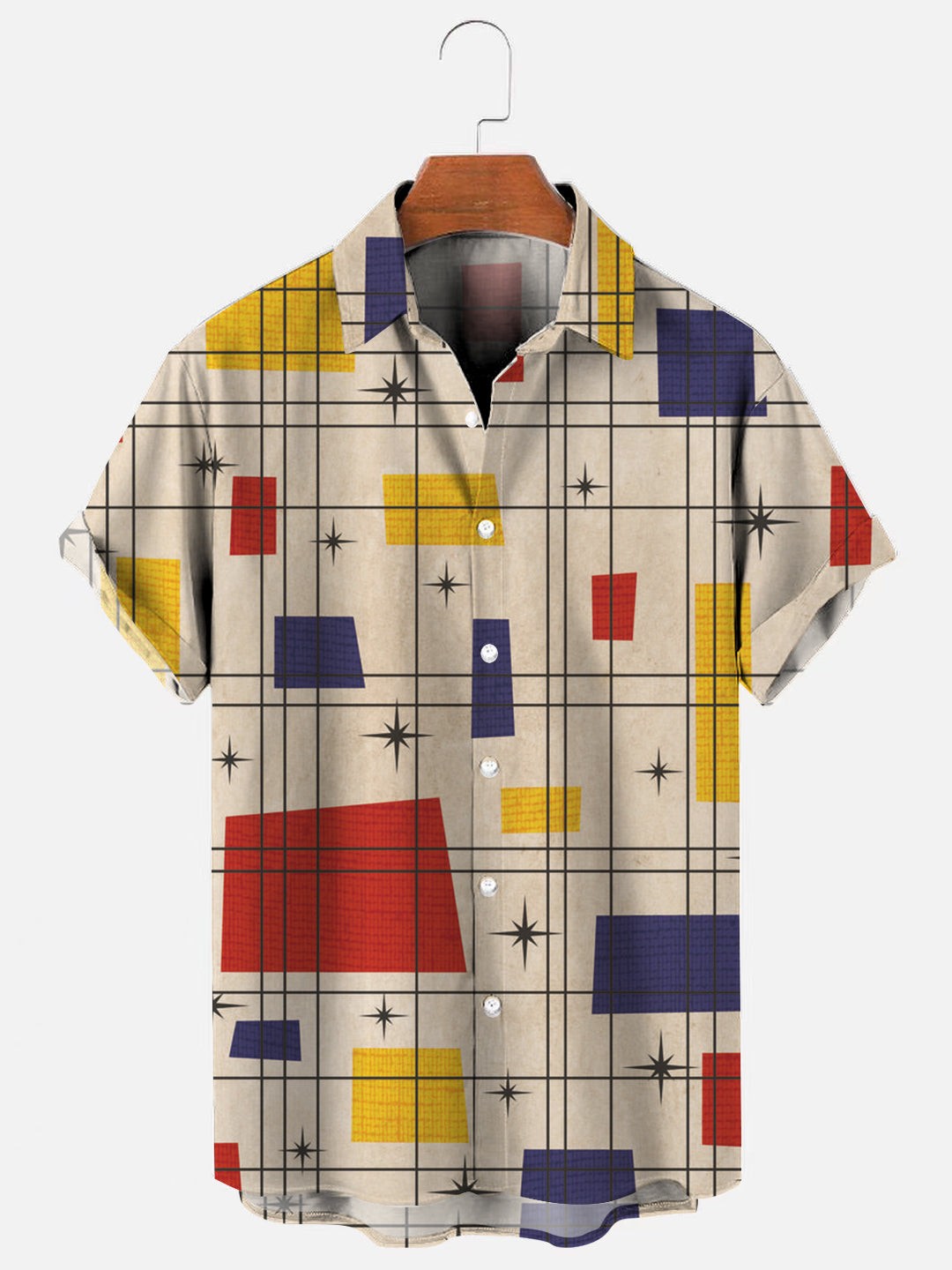 Mens Retro Mid Century Modern Mondrian Style Art Print Hawaiian Short Sleeve Shi