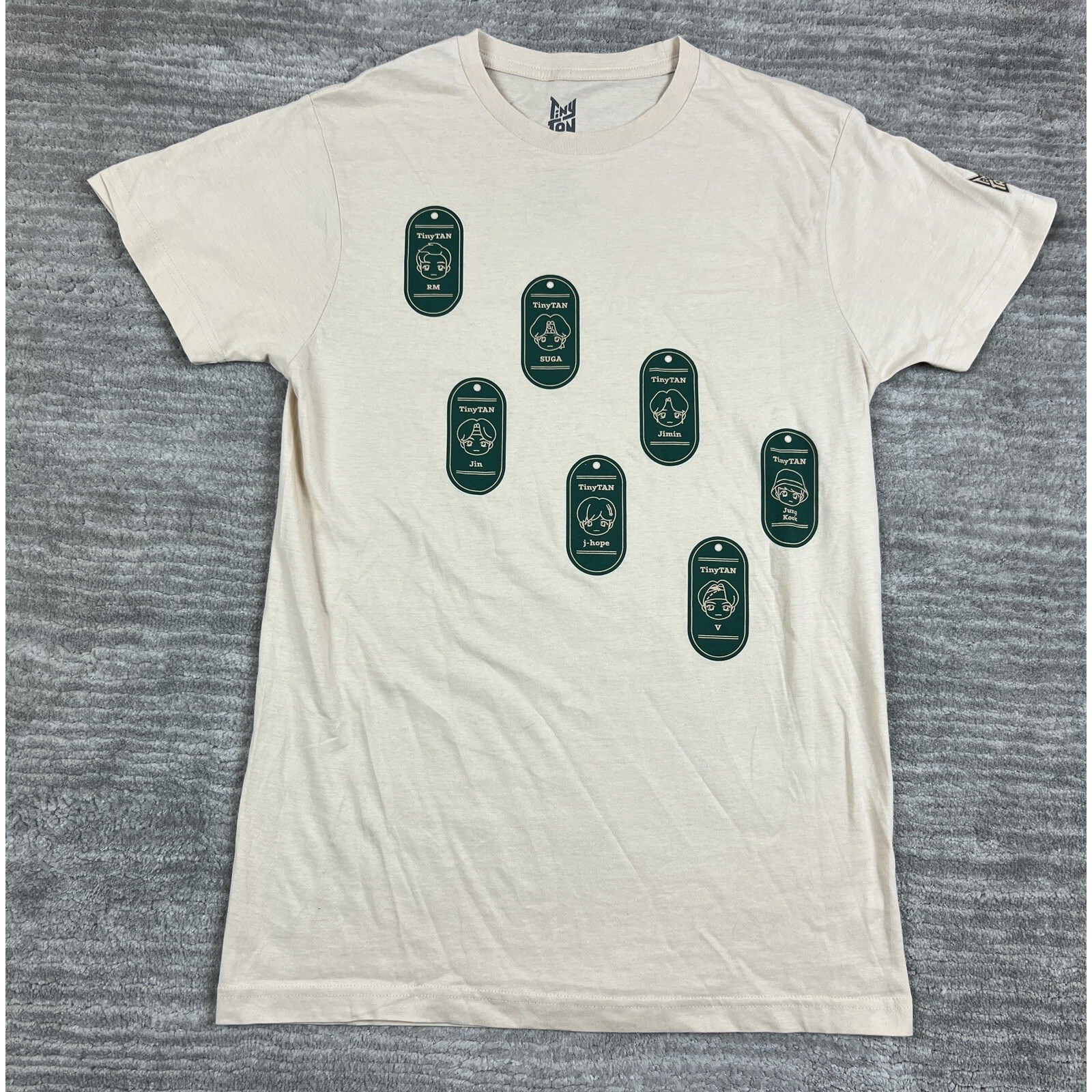 TinyTAN T-Shirt Unisex Small Cream BTS Dog Tags Graphic Short Sleeve Hot Topic