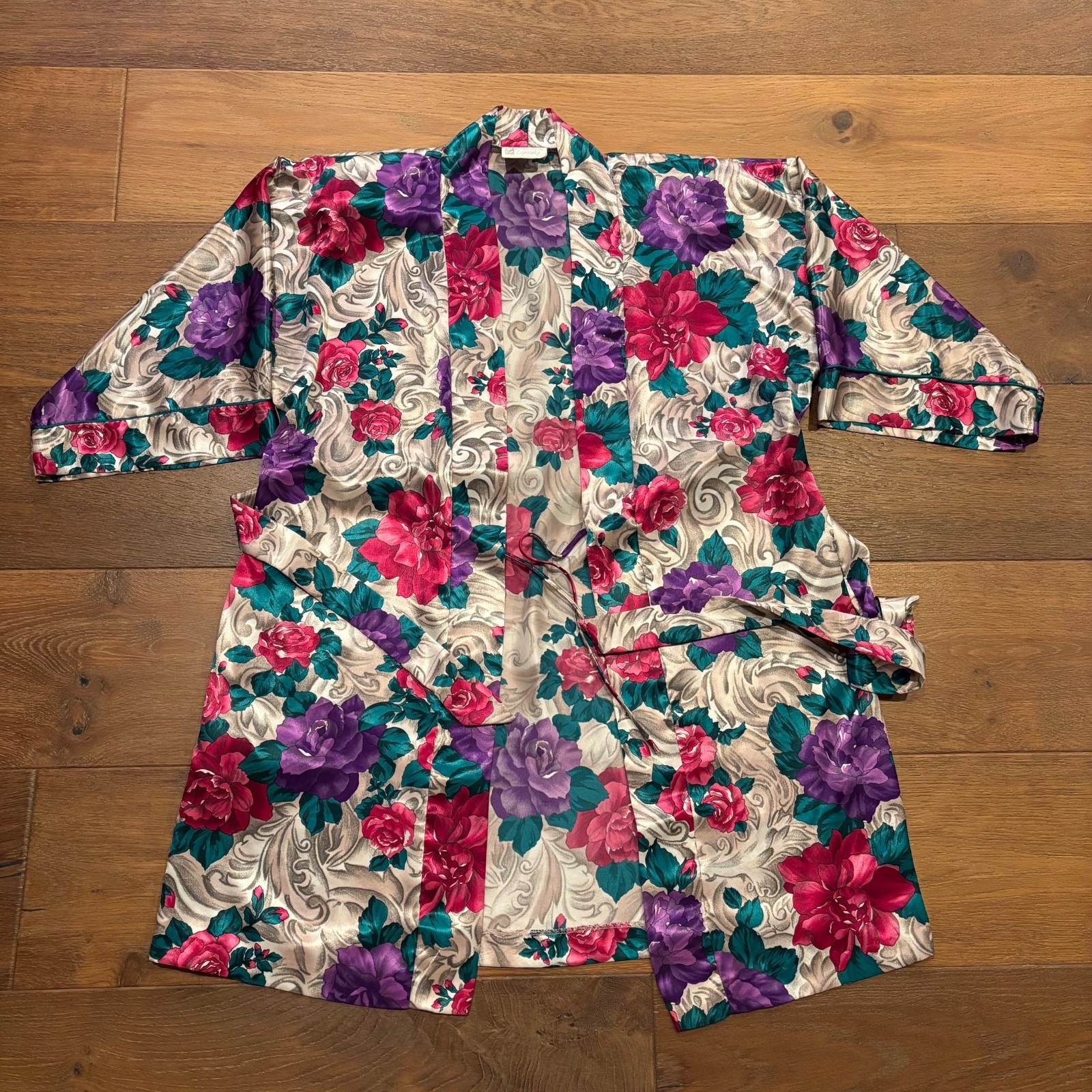 Vintage 80s 90s California Dynasty Satin Floral Robe, Small, Made in USA