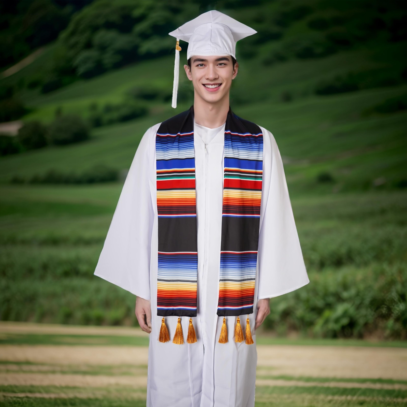 Mexican Graduation Sash With Flag and Flowers Mexico Serape Stole Medium Blue