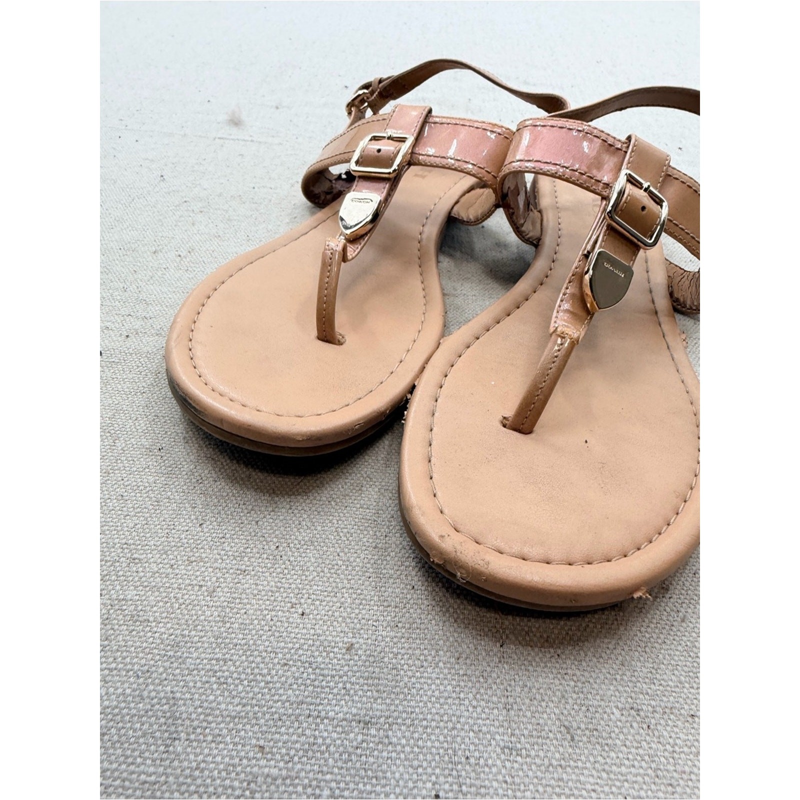 Coach Cassidy Nude/Tan Leather T-Strap Sandals with Buckle