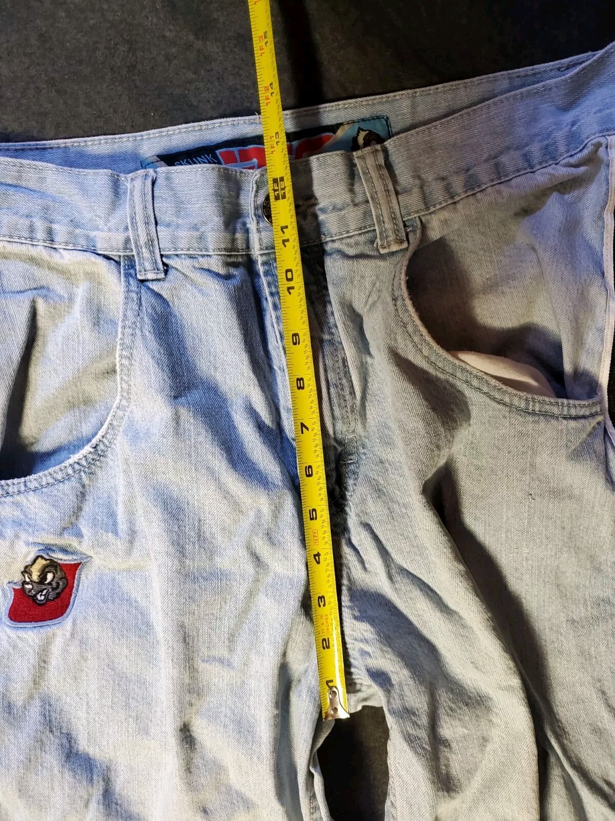 90’s Vtg Side Stripe JNCO SKUNK Blue Denim Wide Leg Jeans Men 16 Waist 42 Length