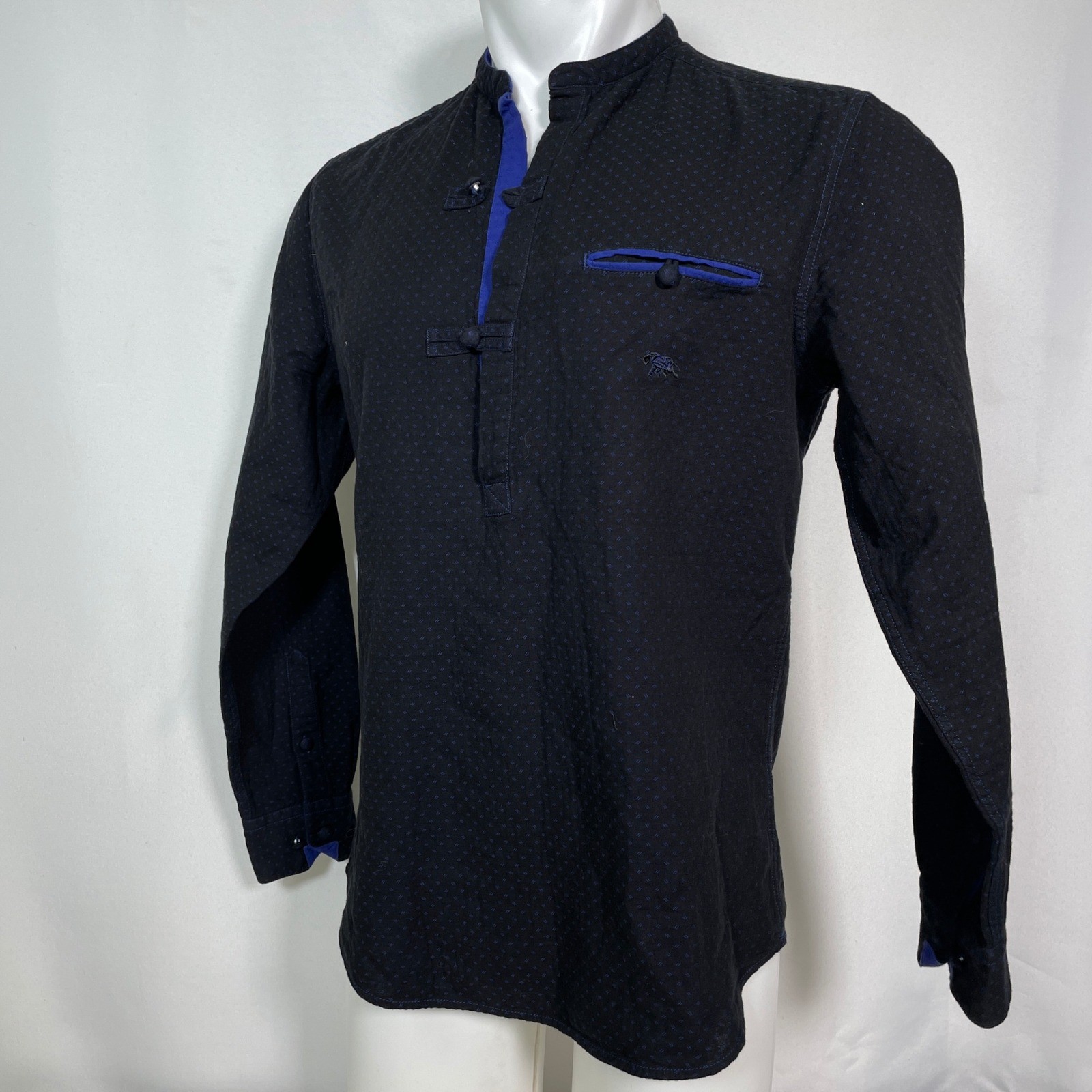 Andamen Slim Black Blue Mandarin Collar Toggle Button Henley Shirt Men’s MEDIUM