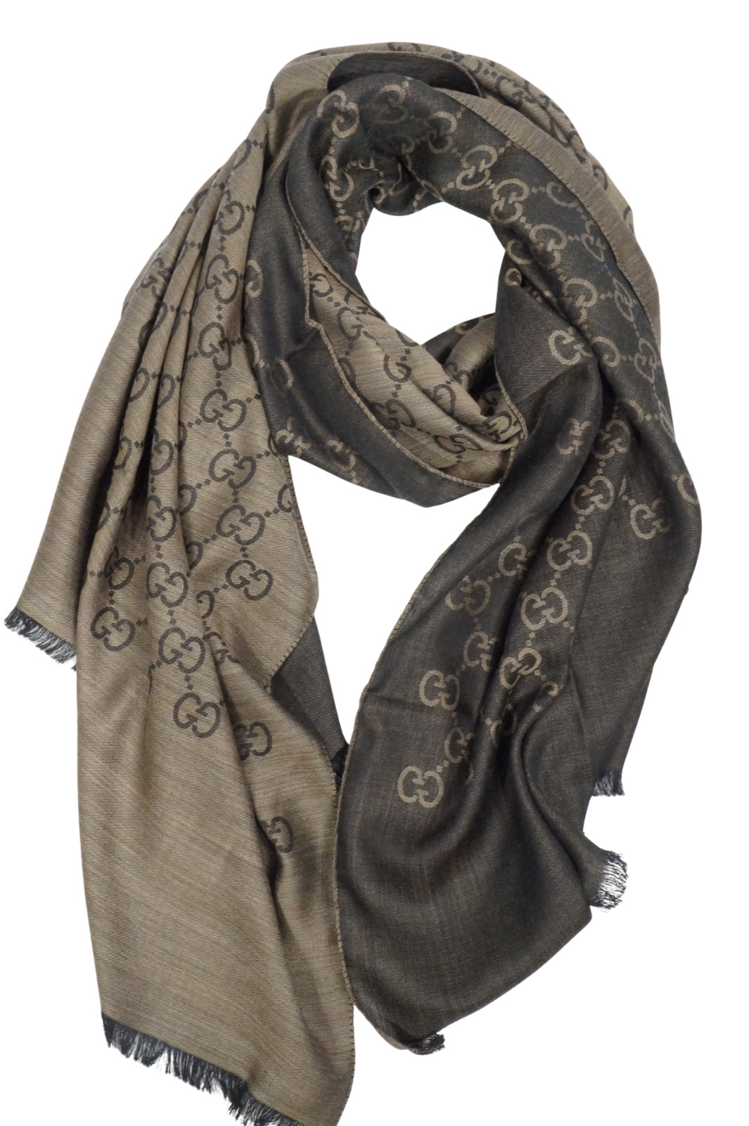 NWT Gucci GG Large Double Jacquard Wool-Silk Blend Brown Scarf Shawl ITALY 200cm