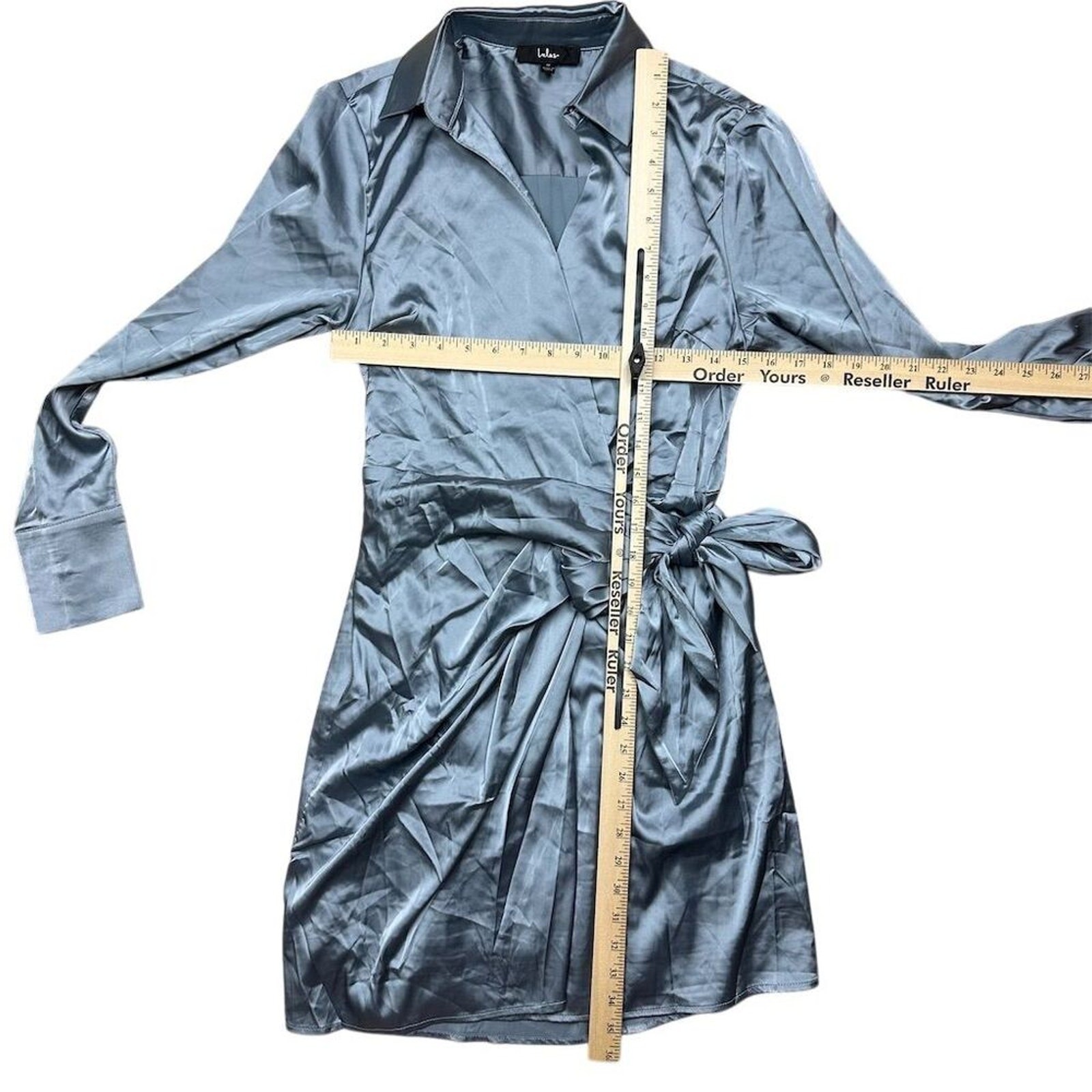 NWOT Lulus Women’s M Painterly Perfection Slate Blue Satin Wrap Mini Dress Party