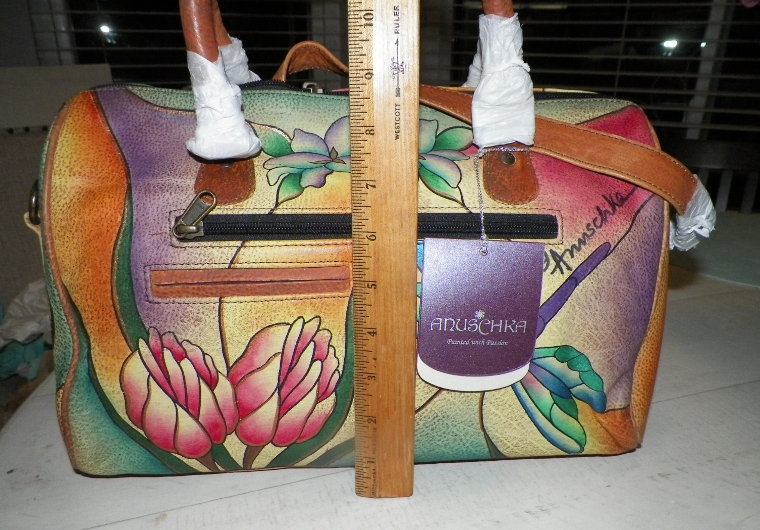 ANUSCHKA HAND PAINTED FLORAL & DRAGONFLIES PURSE NEW WITH TAGS