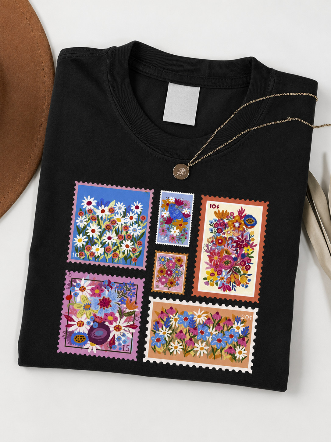 Retro Floral Stamp T-Shirt Colorful Flower Postage Design Aesthetic Tee