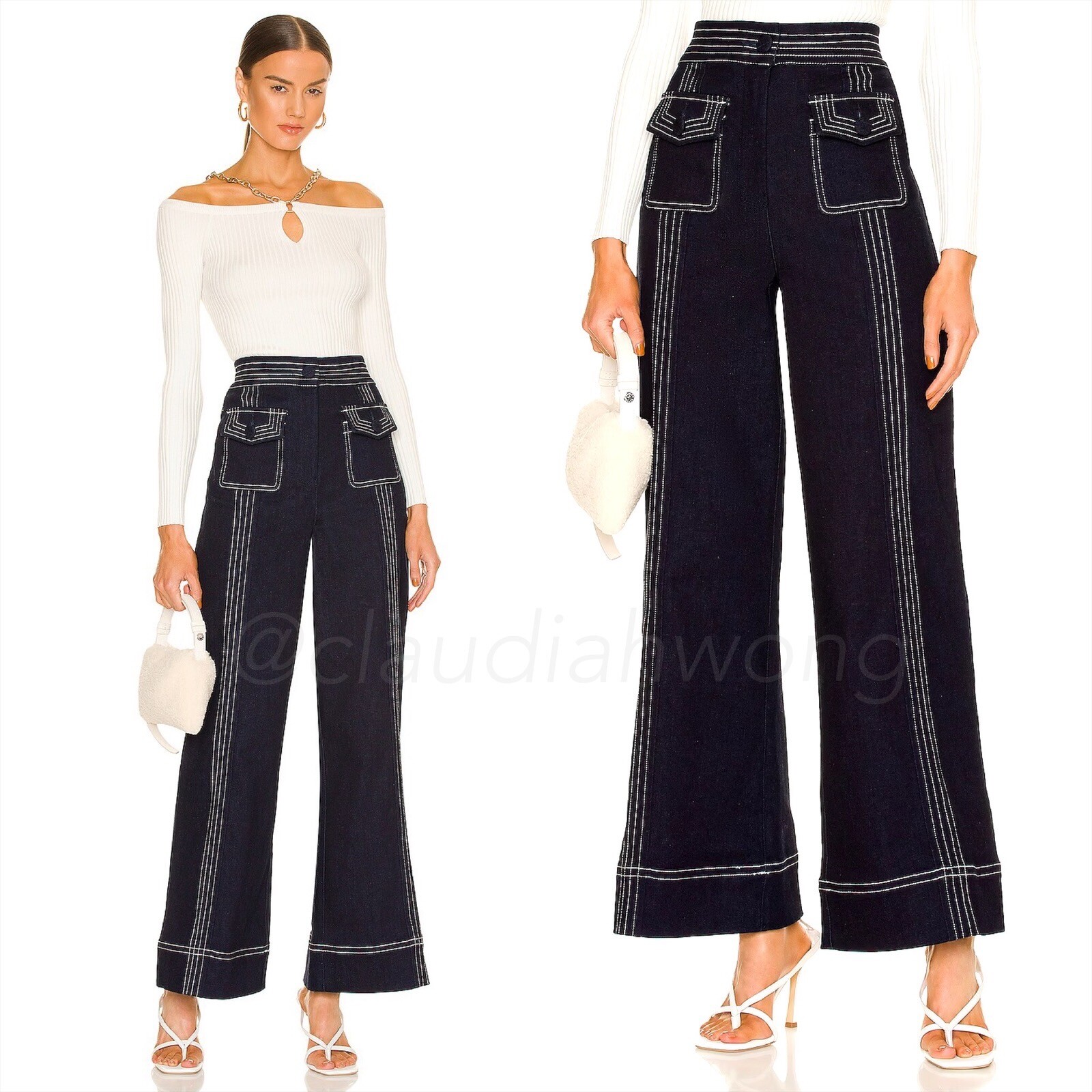 NWT ALICE MCCALL Deep Sea Indigo Blue Contrast Stitch Wide Leg Denim Pants US 4