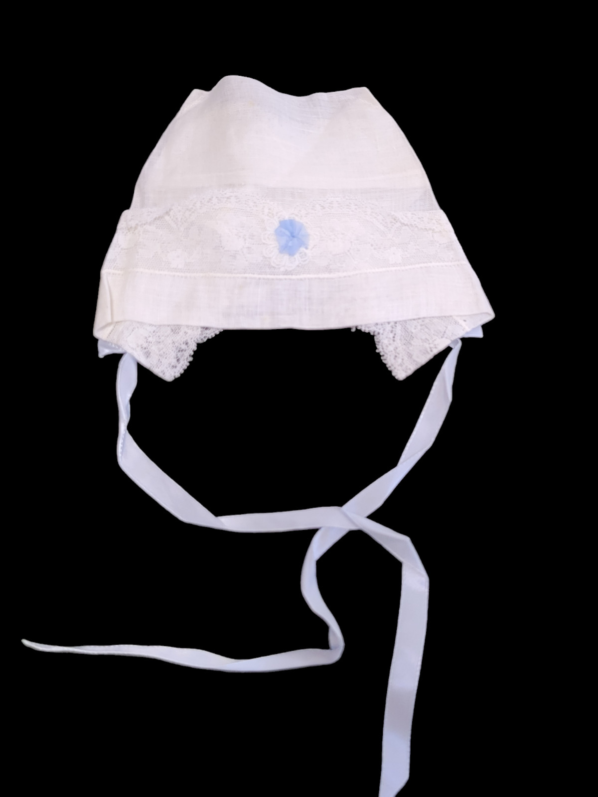 Vintage White Cotton Blue Floral Christening Baby Bonnet Doll Hat Lace Trim