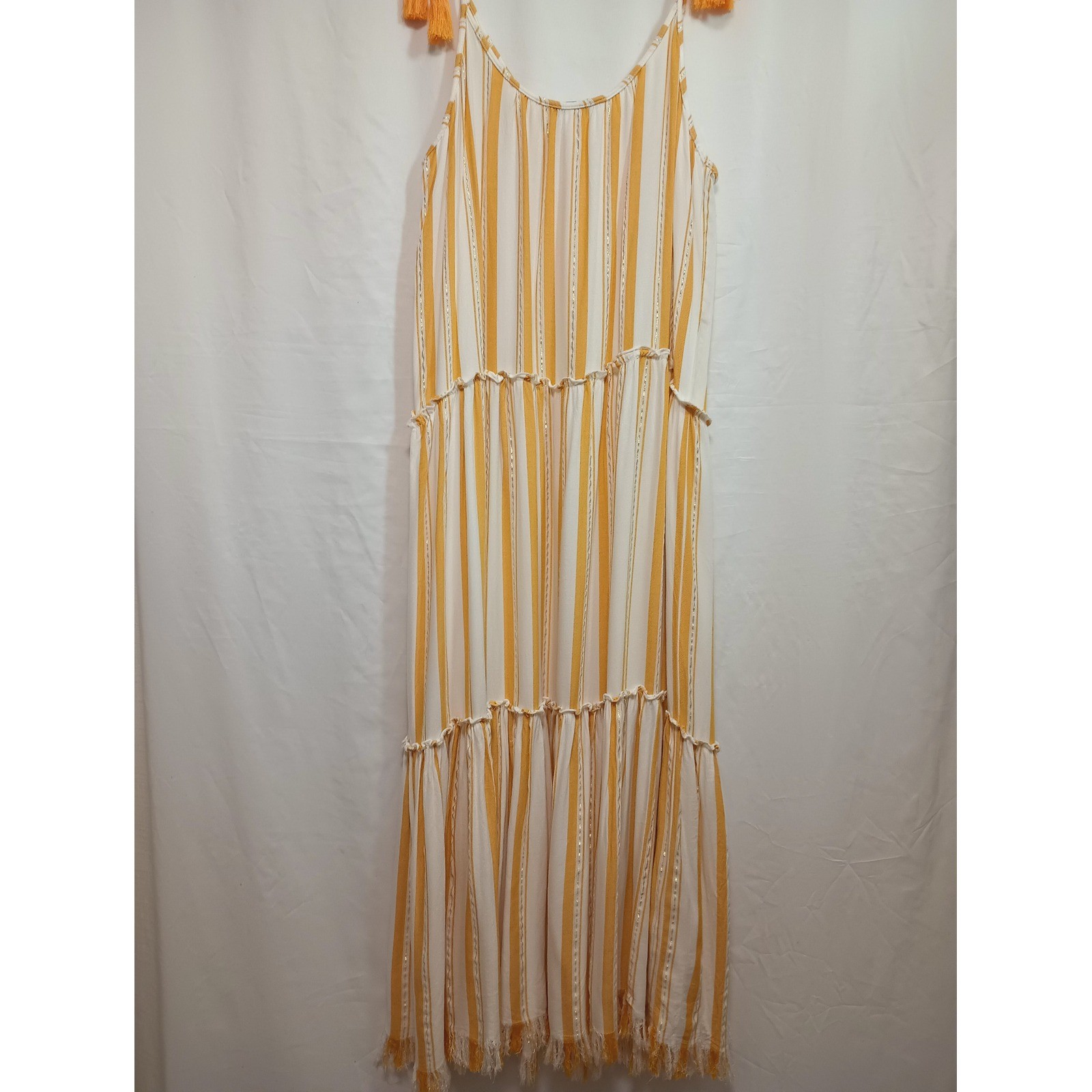 Blue Island Mustard Yellow Striped Maxi Dress Metallic Gold Tassel Tiered Medium