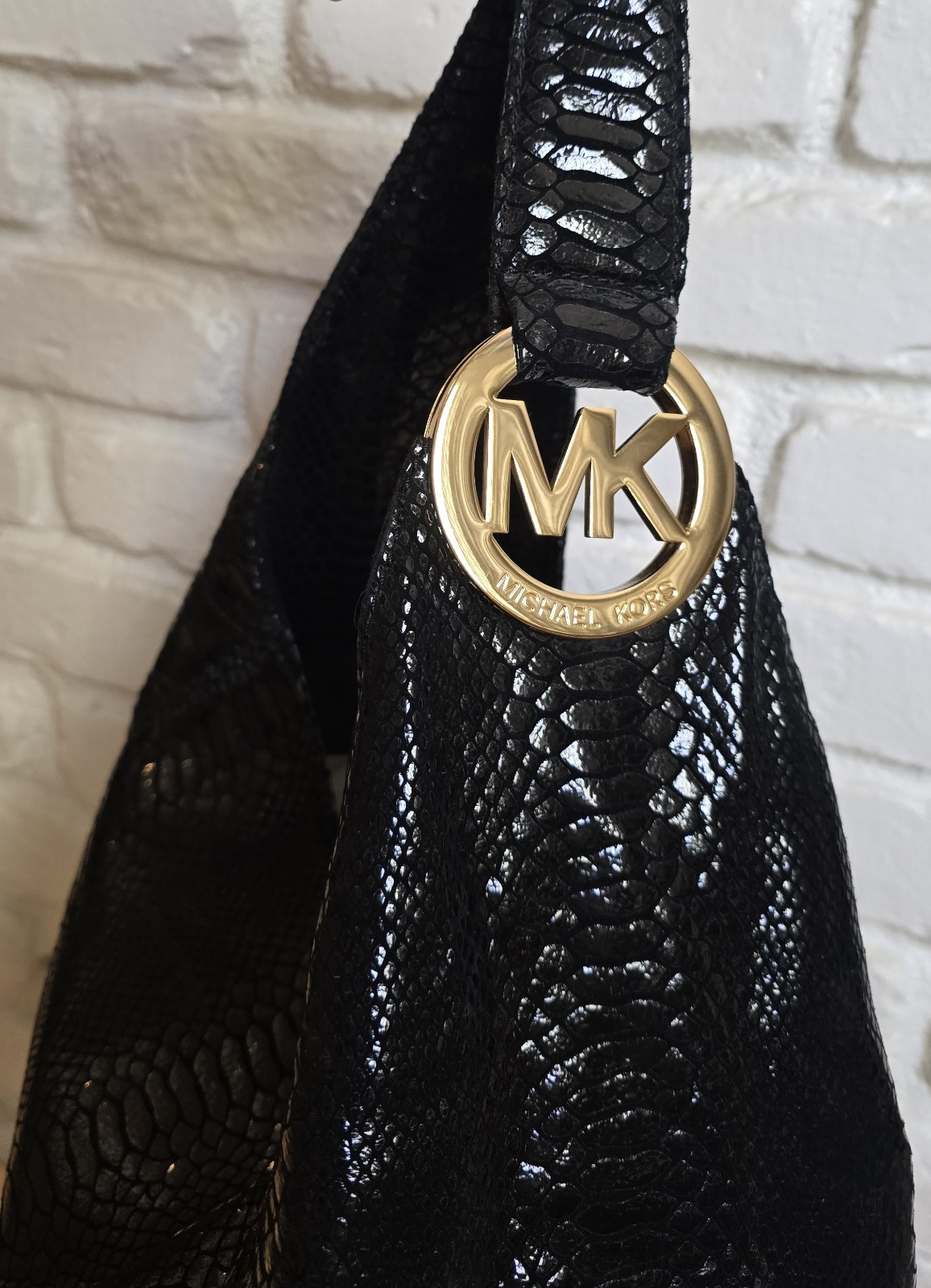Michael Kors Black Python Snakeskin Embossed Leather Hobo Bag Gold Hardware