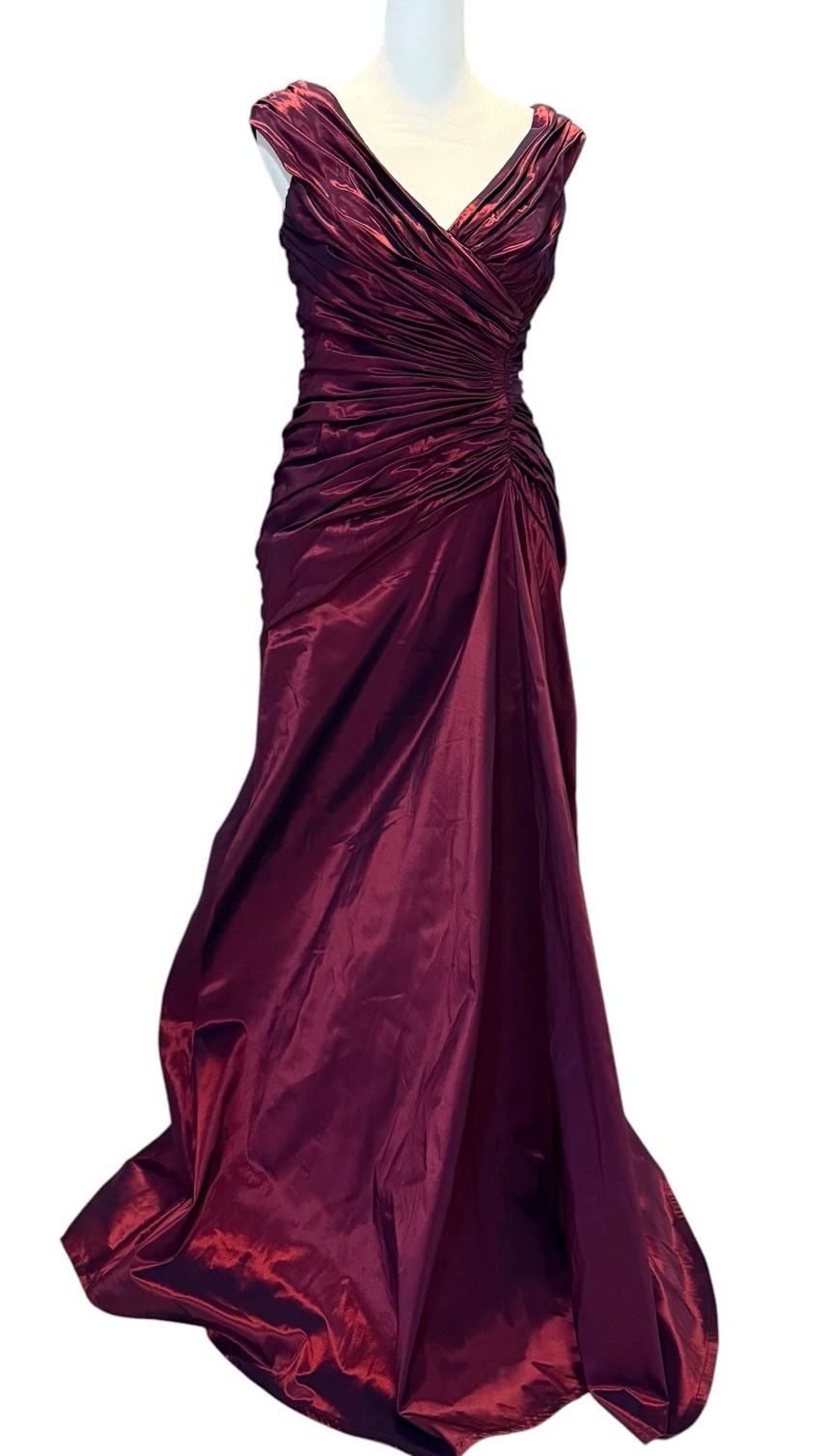 VNTG Tadashi Burgundy Iridescent Ruched VNeck Long Formal Gown Dress Women’s 6