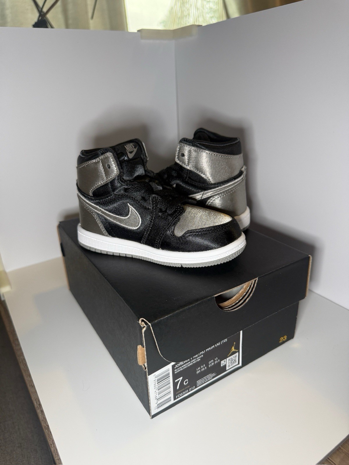 Nike TD Air Jordan 1 Retro High OG Satin Shadow Black/Grey FD5305-010 Size 7c