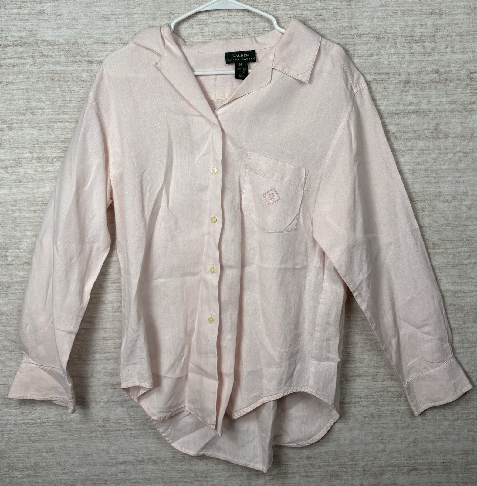 Lauren Ralph Lauren Pink Button Front Shirt Women’s 14 100% Cotton Crest Logo…