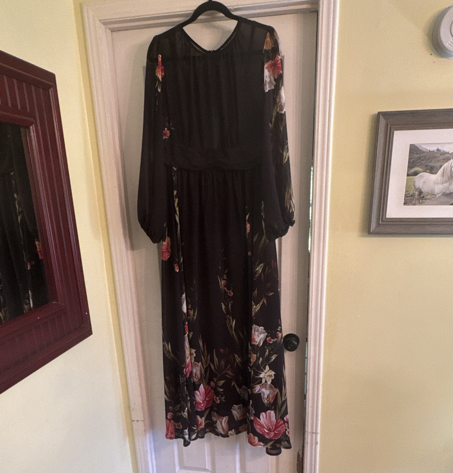 Women’s Black Pink Floral Sheer Chiffon V-Neck Long Sleeve Maxi Dress M