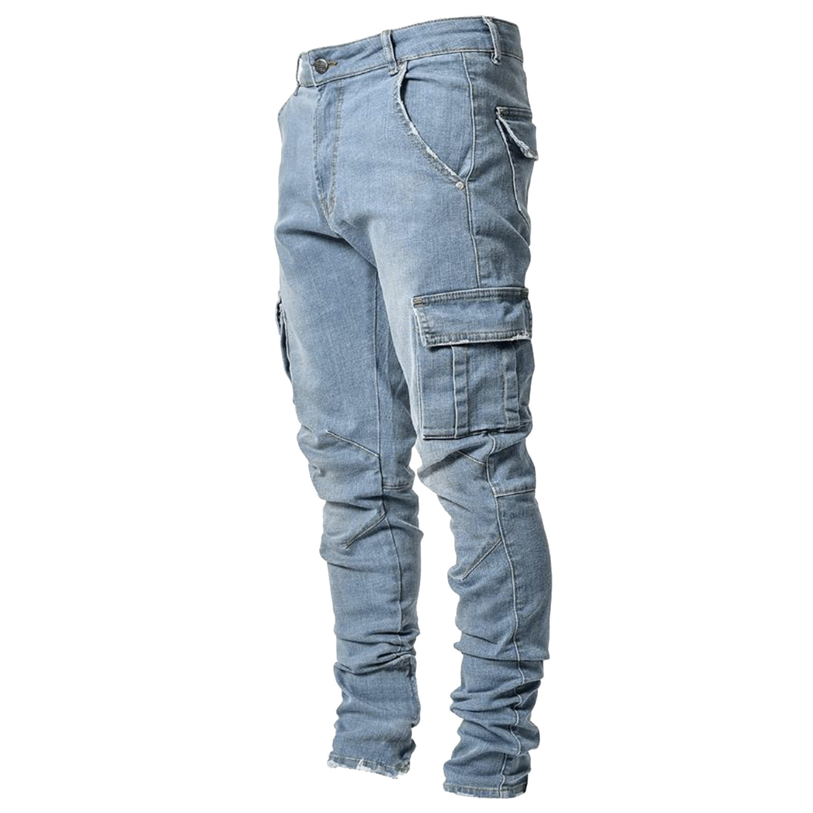 Large SIze Mens Soild Straight Hole Buckle Zipper Middle Waist Denim Long Pants