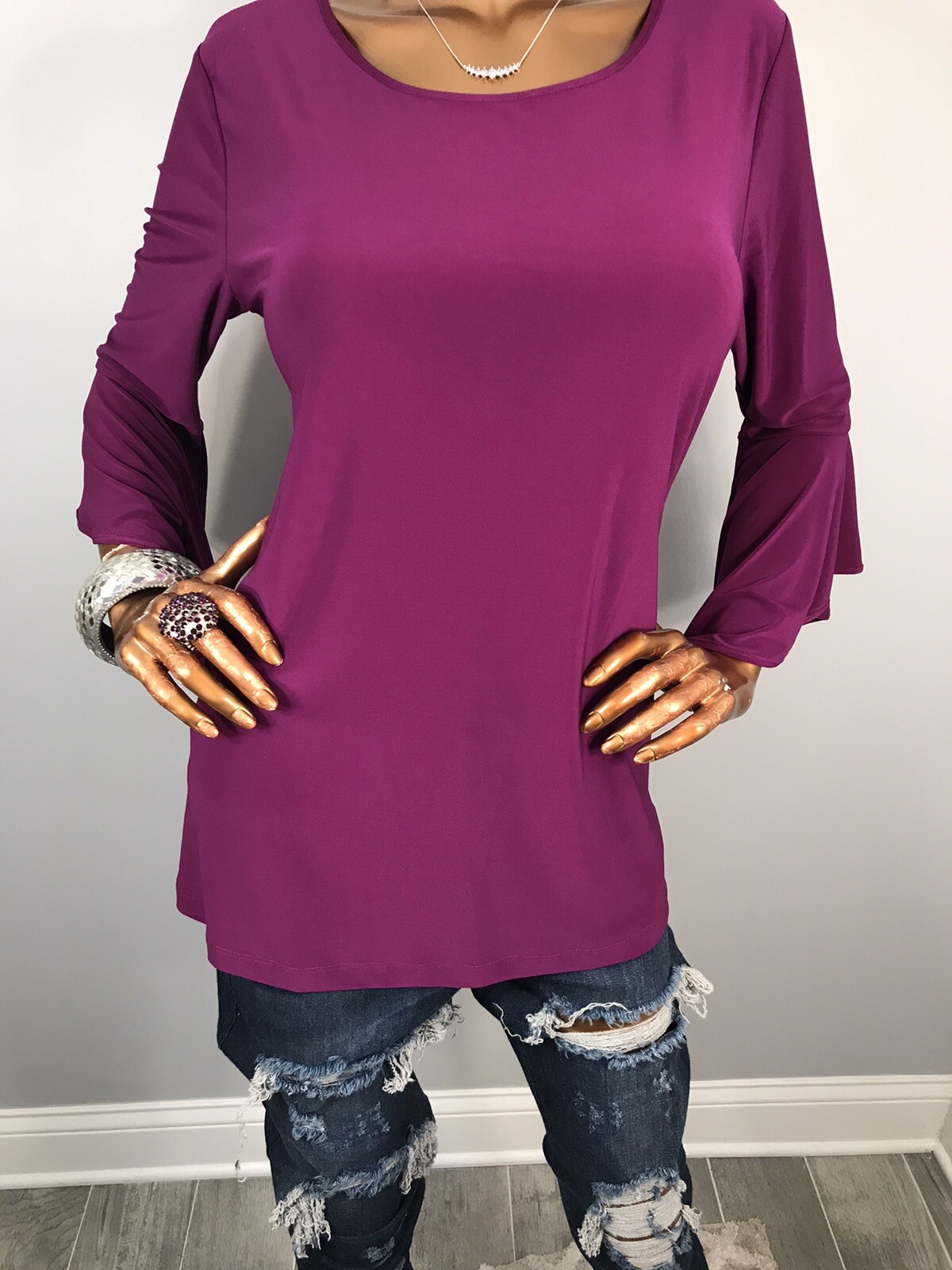 Women in Control M Top Stretch Soft Dark Magenta 3/4 Bell Sleeves Blouse Tunic
