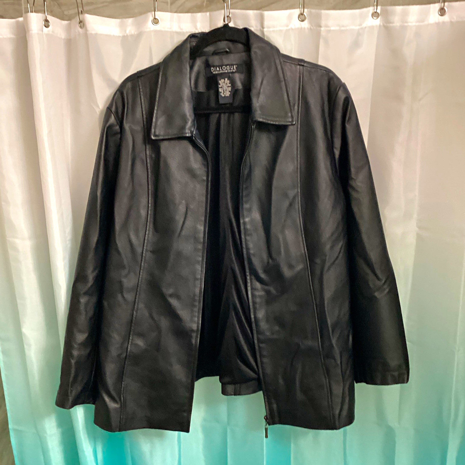 Dialogue Women’s Black Leather Zip-Front Mid-Length Jacket w/ Pockets Size L