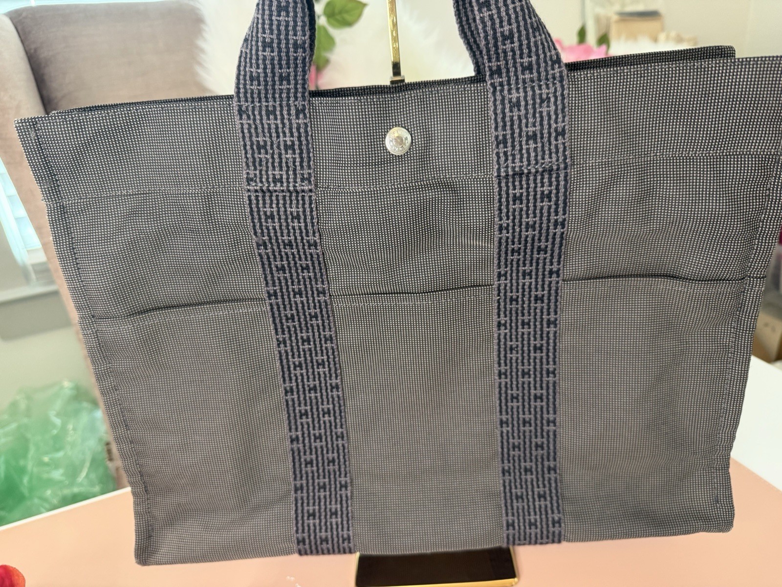 Hermes Vintage Herline MM Canvas Tote Bag Charcoal Grey