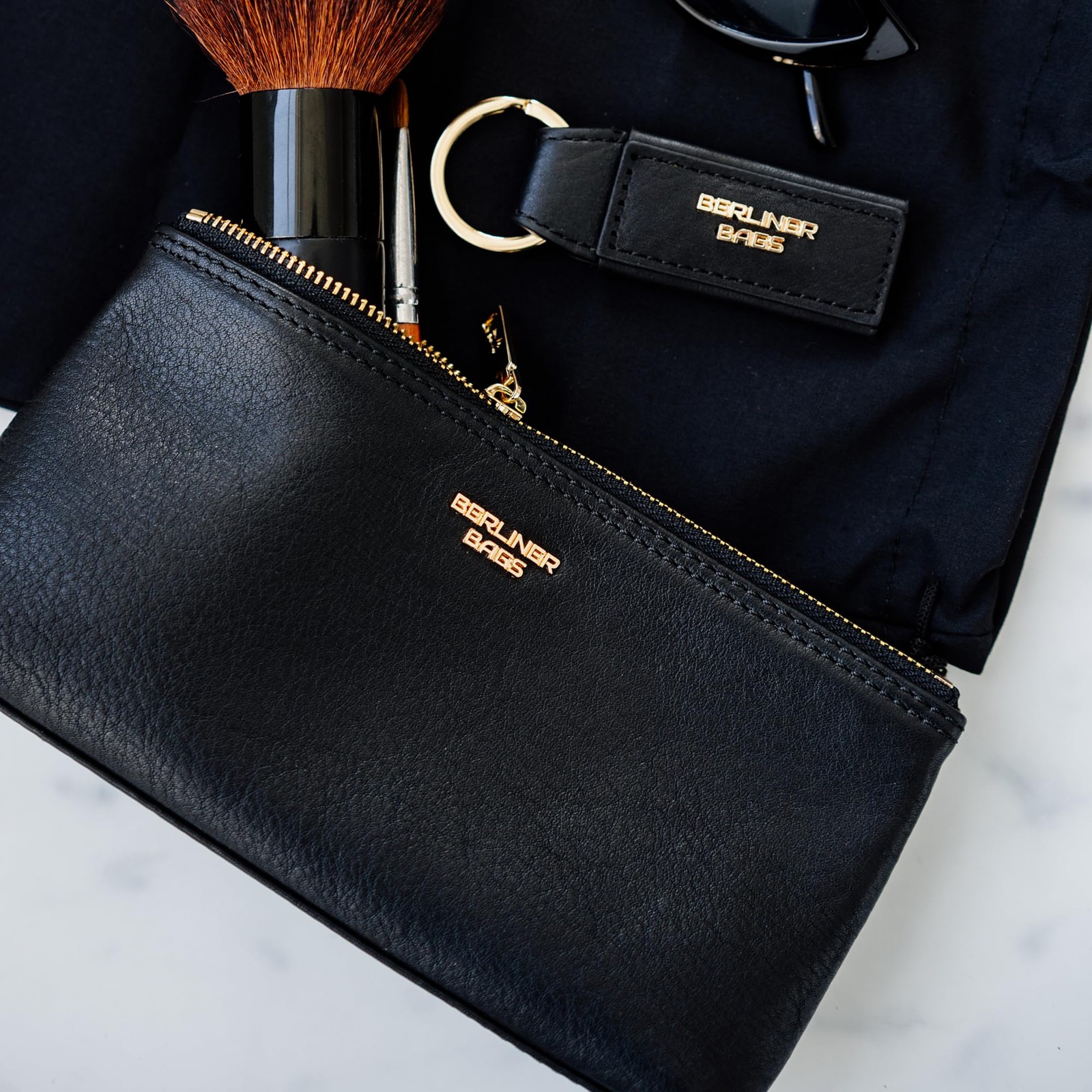 BERLINER BAGS Premium Genuine Leather Makeup Bag Anna, XS, Black/Gold