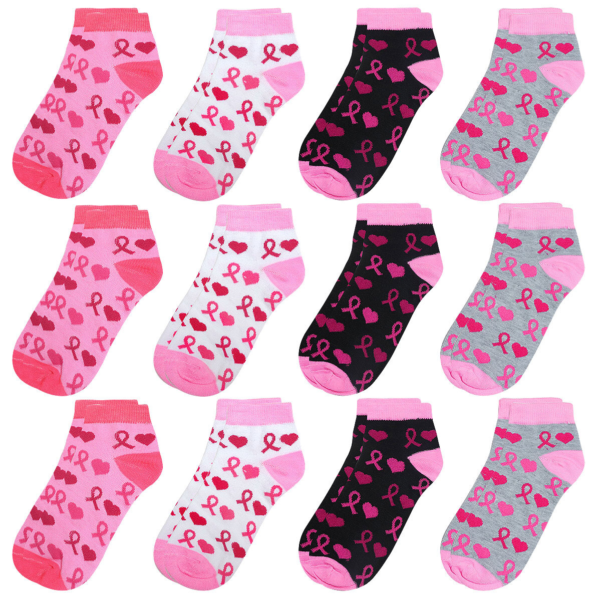 12 Pairs Assorted Color Heart & Pink Ribbon Breast Cancer Awareness Ankle Socks