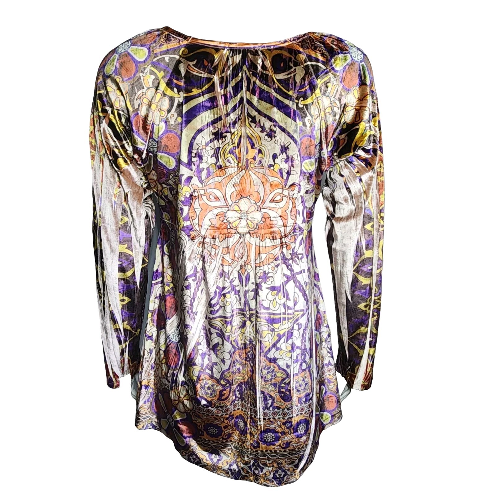 ONE WORLD Purple Orange Sublimation Long Sleeve Velvet Velour Top Womens XL